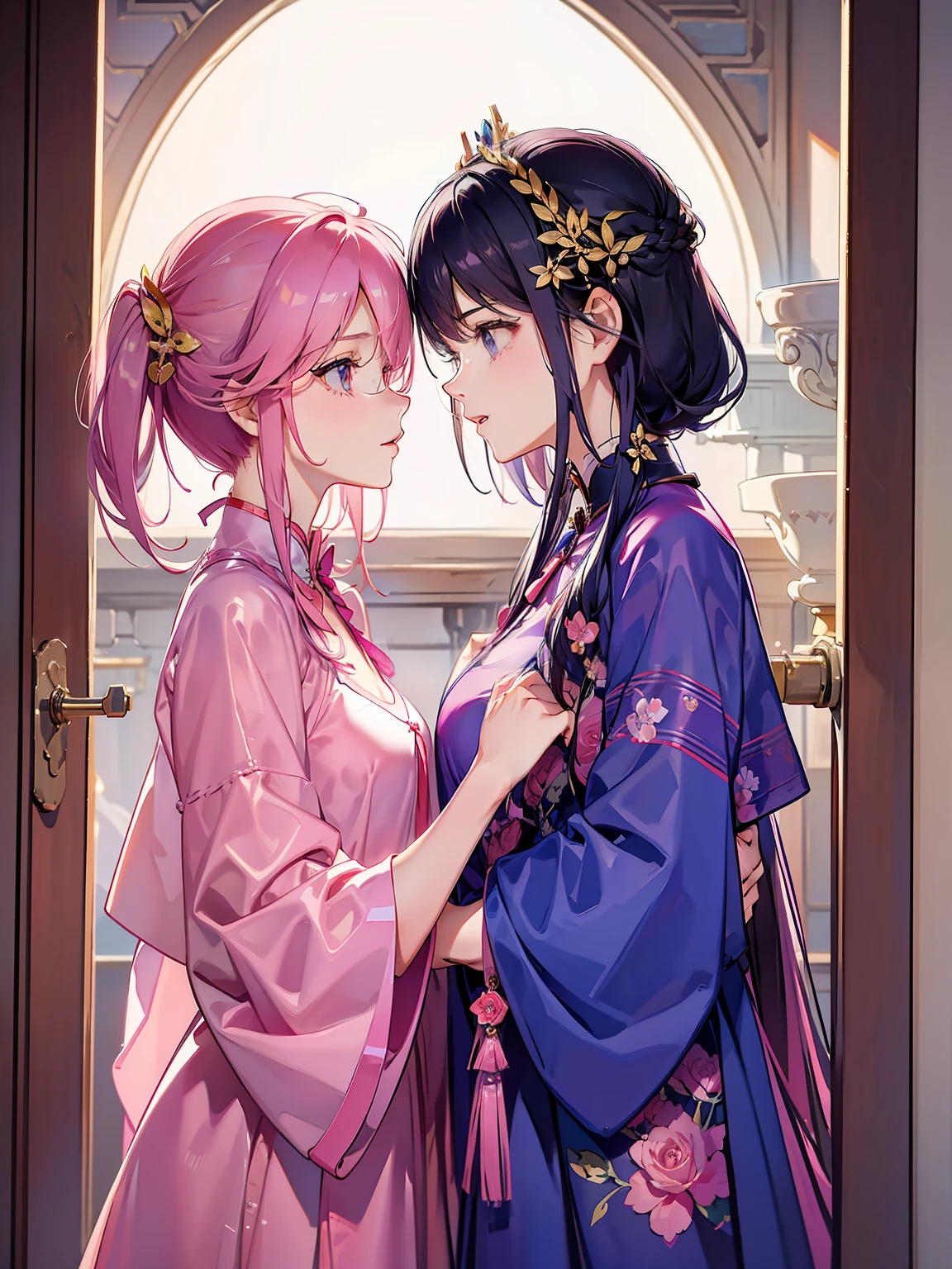 Lesbian love pink and purple clothes long and short hair kissing