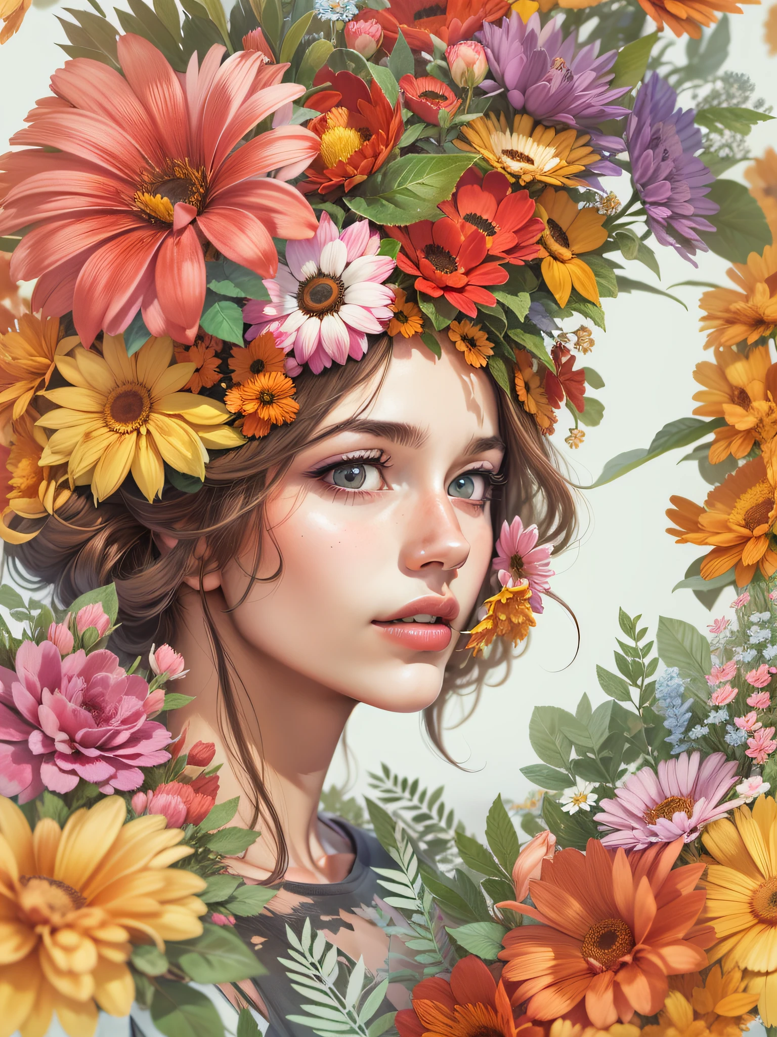 woman with flowers on her head, vector, realistic vivid colors, white background, detailed image, vector made for t-shirt print, 2d, realistic image