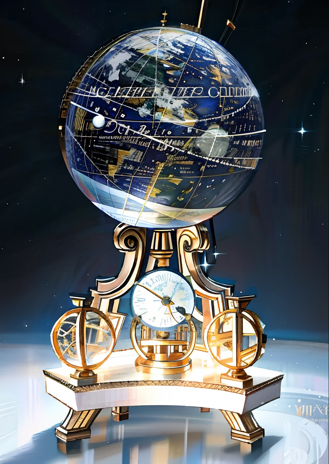 Planetarium，heavenly body，globe，clock，metals，Movie lighting，exquisitedetails