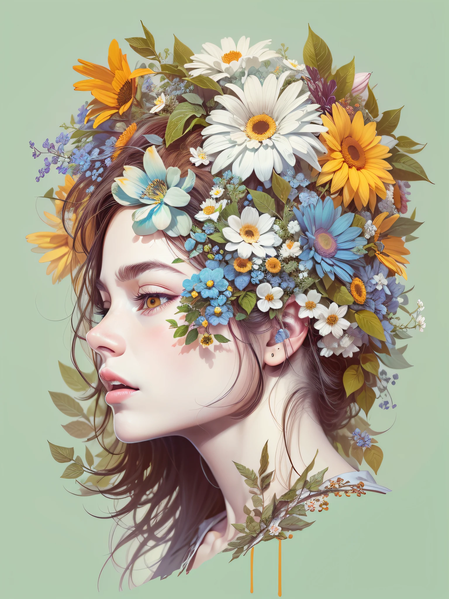 woman with flowers on her head, vector, realistic vivid colors, white background, detailed image, vector made for t-shirt print, 2d, realistic image