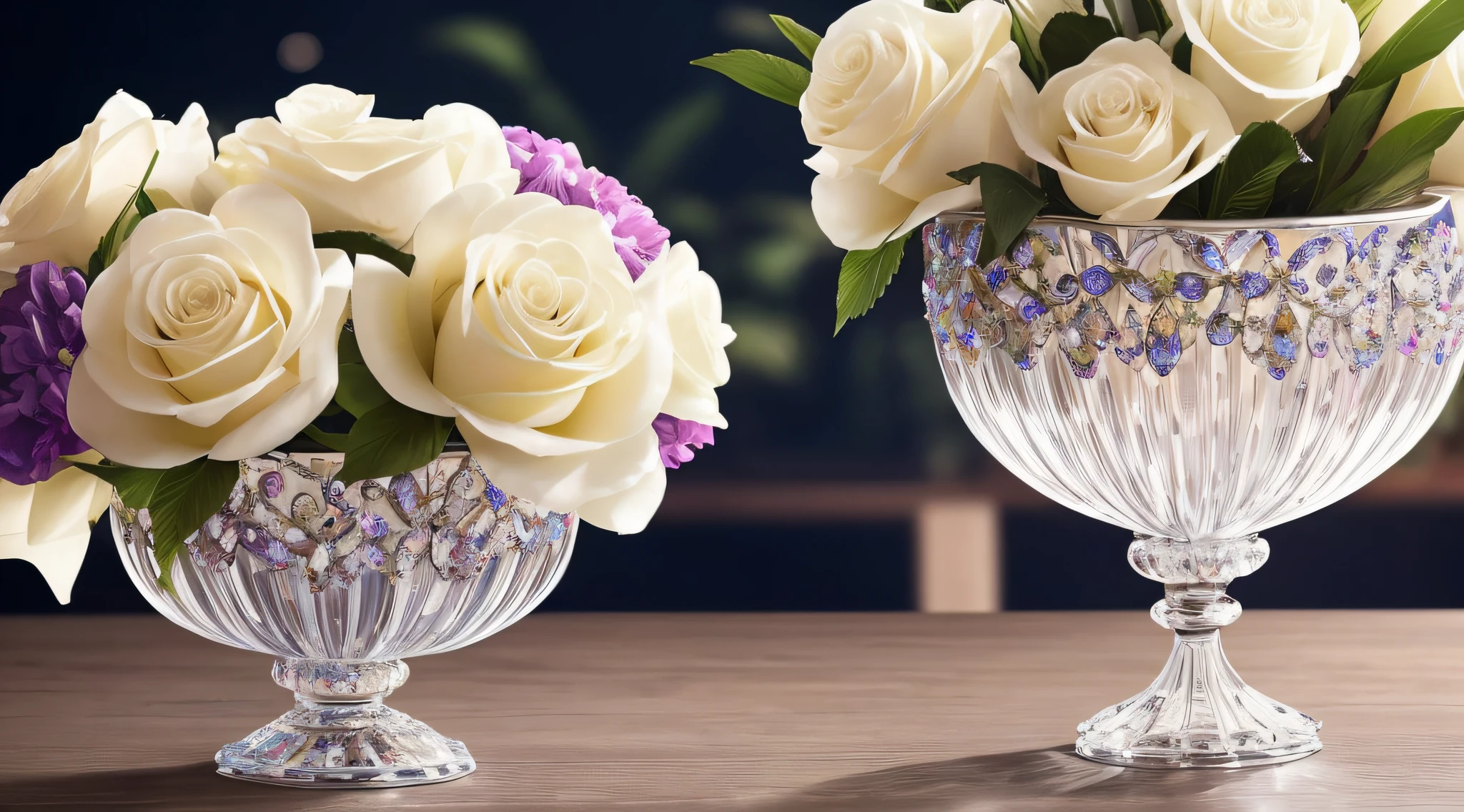 crystal vases, jewel vases, huge beautiful bouquets, glittering gorgeous flowers, opalescent, glory, breath taking beautiful, graceful, elegant, stunning, photo, shiny, iridescent, (masterpiece), (best quality) (detailed) (8k) (HDR) (cinematic lighting) (sharp focus) (intricate), HDR, hyper-realistic, color graded, beautiful, realistic picture, ultra high quality, stunning, valuable treasure inside, sparkling, shimmering, splashing rainbows --auto
