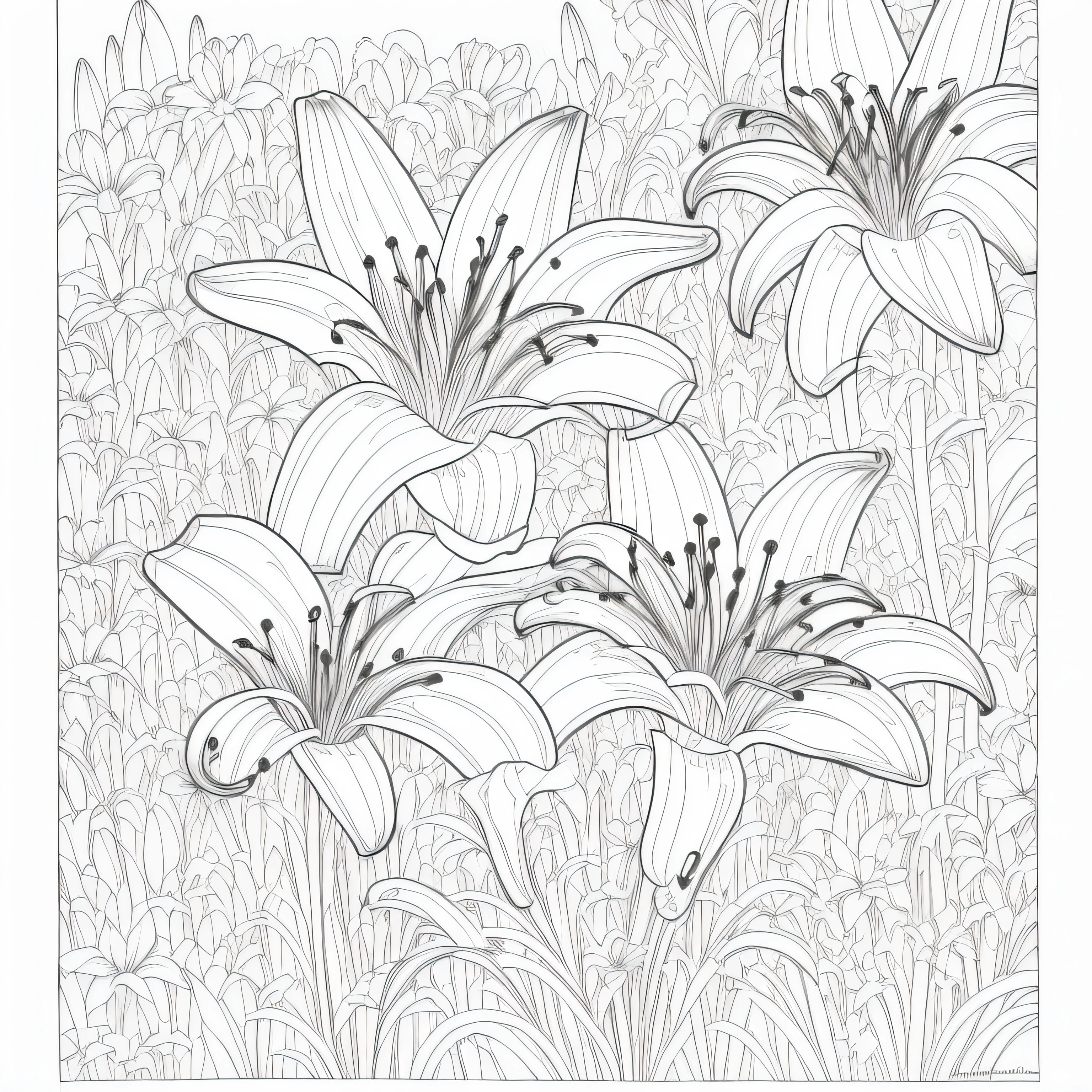 (Monochrome images：1.3)、(Lily coloring book:1.3)、It features a simple、Draw with outline