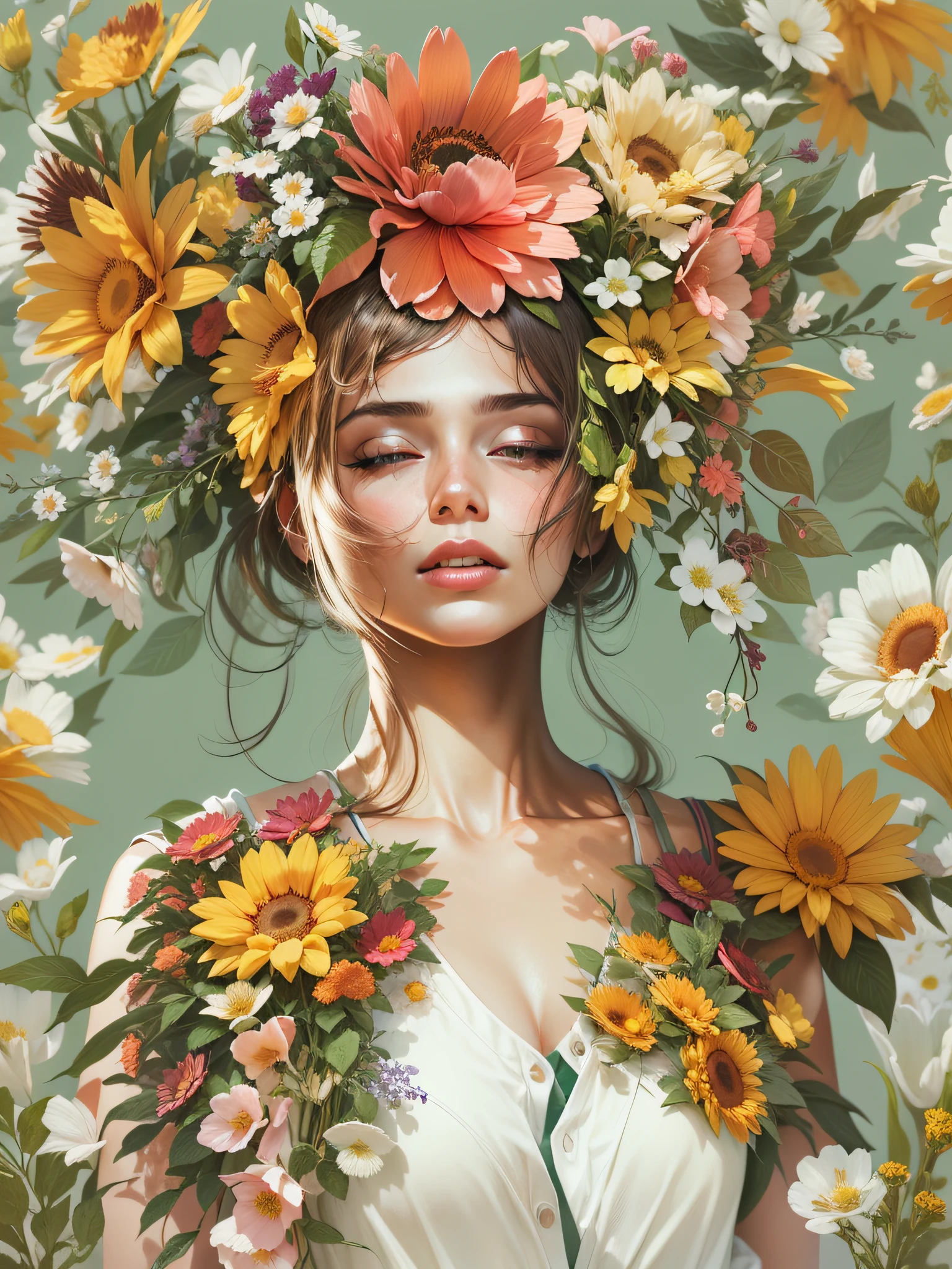 woman with flowers on her head, vector, realistic vivid colors, white background, detailed image, vector made for t-shirt print, 2d, realistic image