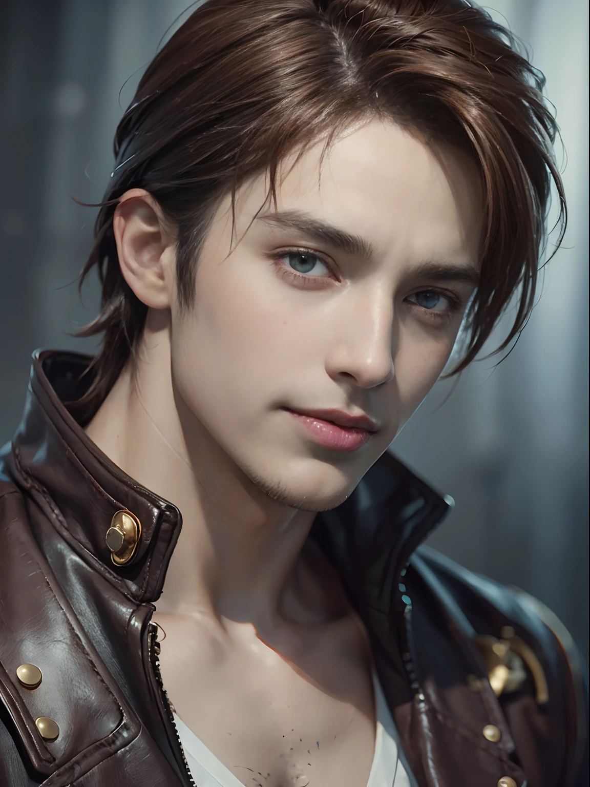 (closer view)1 man, golden eyes, handsome, with very short red hair (slicked back hairstyle) and a white shirt, smirk and grin, handsome and muscular guy in demon slayer art, guilty gear strive graphics, realistic, dynamic pose, realistic, detailed and correct facial structure, blades ornaments, attractive, LEON S. KENNEDY, cinematic lighting, unreal engine, trending on ArtStation, intricate details, masterpiece, best quality, by Irakli Nadar, Greg Rutkowski,(((best quality))),(((ultra detailed))),(((masterpiece)))