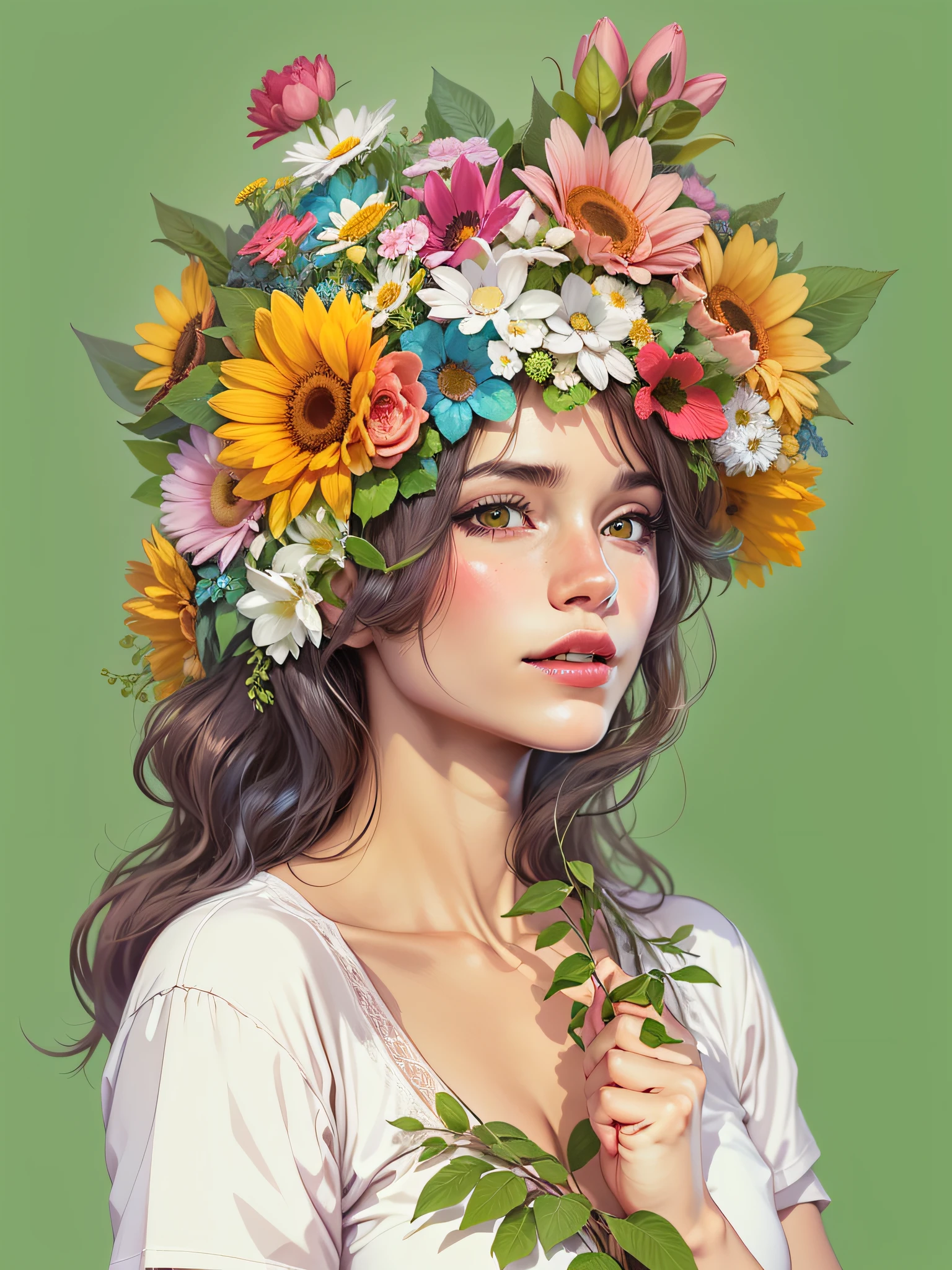 woman with flowers on her head, vector, realistic vivid colors, white background, detailed image, vector made for t-shirt print, 2d, realistic image