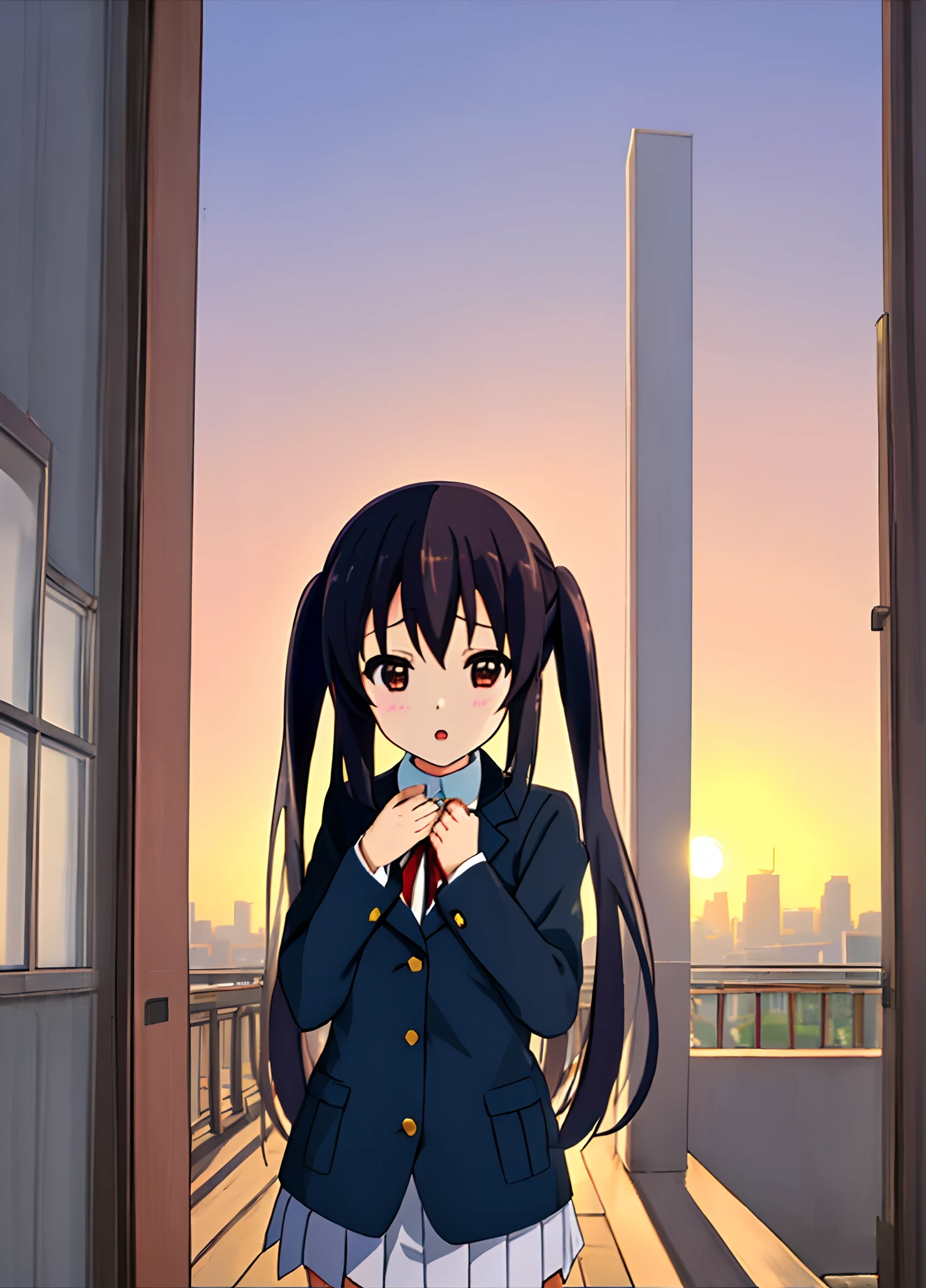 1girl, (((masterpiece))), top-quality, top-quality, High Details, nakano azusa, 1girl, Sakuragaoka High School Uniform, student clothes, Twin-tailed, length hair, A dark-haired, brown-eyed, 独奏, reddish, Dark blue blazer with thin red ribbon, Solid white buttoned shirt under blazer, illustratio, comic strip, soothing tones, Subdued Color, Soft cinematic light, adobe lightroom, photolab, HDR, intricately and hyper-detailed、(((depth of fields))))。(((masterpiece)))。(((top-quality))).)((ultra-detailliert)))。(((illustratio)))。(((takeout))).dynamic focus.big breasts.(((Skyscrapers))).(((A city scape))).(((Face of sadness))). open mouth.(((put hands on the hip))).(((up chest))).((evening glow)).((the setting sun)).