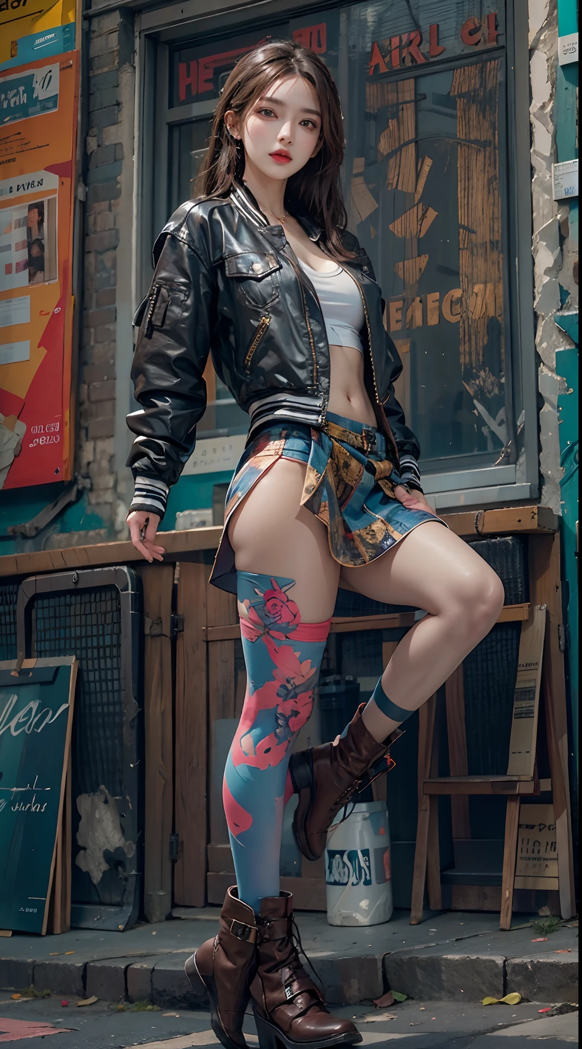 photorealistic, high resolution, 1women, solo, hips up, look at viewer, (detailed face), colorful street wear, jacket, skirt, thighhighs, tattoo, jewelry