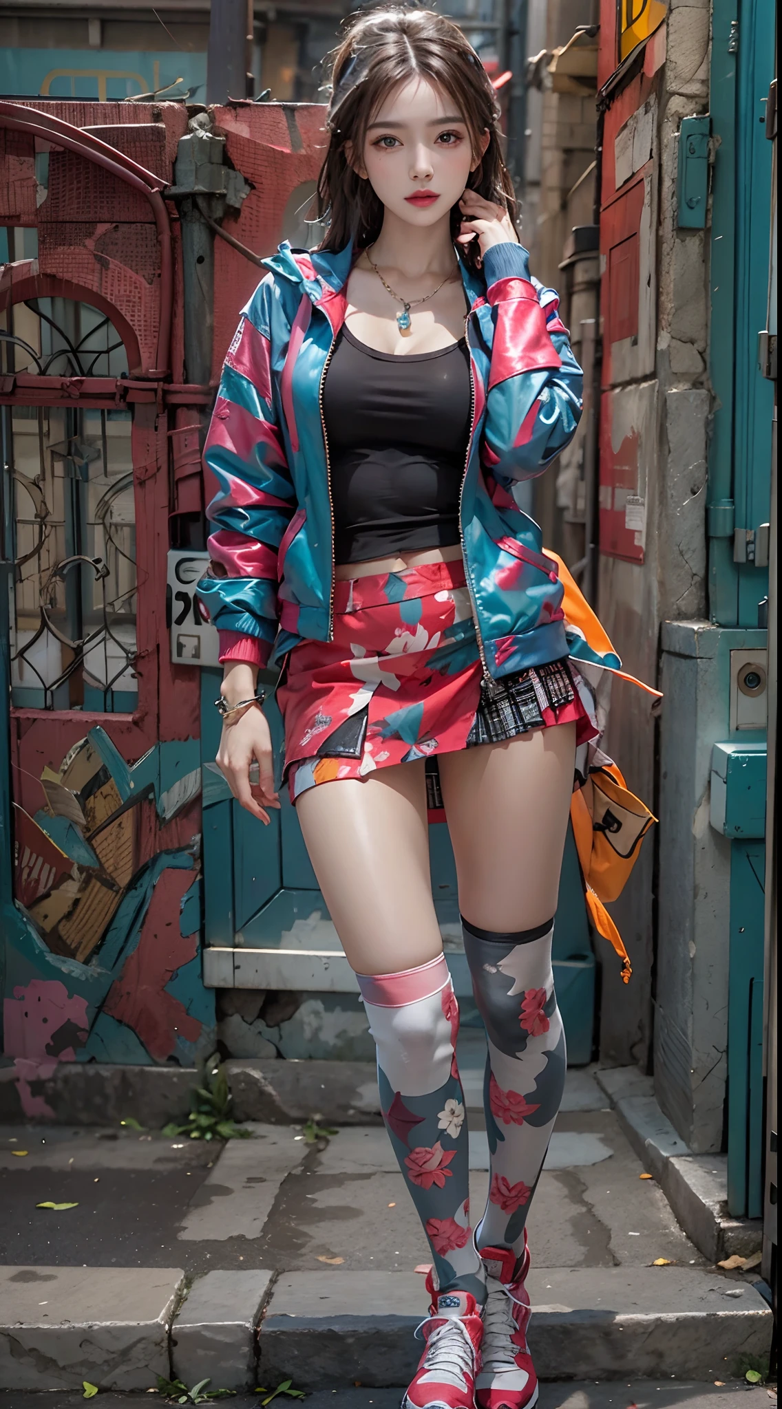 photorealistic, high resolution, 1women, solo, hips up, look at viewer, (detailed face), colorful street wear, jacket, skirt, thighhighs, tattoo, jewelry