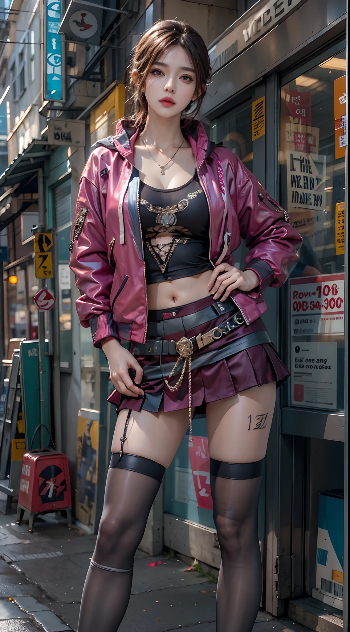 photorealistic, high resolution, 1women, solo, hips up, look at viewer, (detailed face), colorful street wear, jacket, skirt, thighhighs, tattoo, jewelry