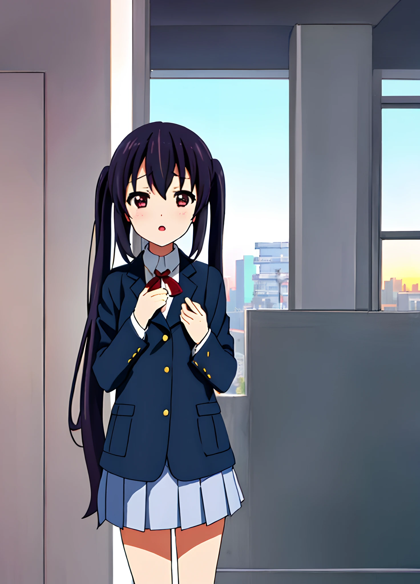 1girl, (((masterpiece))), top-quality, top-quality, High Details, nakano azusa, 1girl, Sakuragaoka High School Uniform, student clothes, Twin-tailed, length hair, A dark-haired, brown-eyed, 独奏, reddish, Dark blue blazer with thin red ribbon, Solid white buttoned shirt under blazer, illustratio, comic strip, soothing tones, Subdued Color, Soft cinematic light, adobe lightroom, photolab, HDR, intricately and hyper-detailed、(((depth of fields))))。(((masterpiece)))。(((top-quality))).)((ultra-detailliert)))。(((illustratio)))。(((takeout))).dynamic focus.big breasts.(((Skyscrapers))).(((A city scape))).(((Face of sadness))). open mouth.(((put hands on the hip))).(((up chest))).((evening glow)).((the setting sun)).