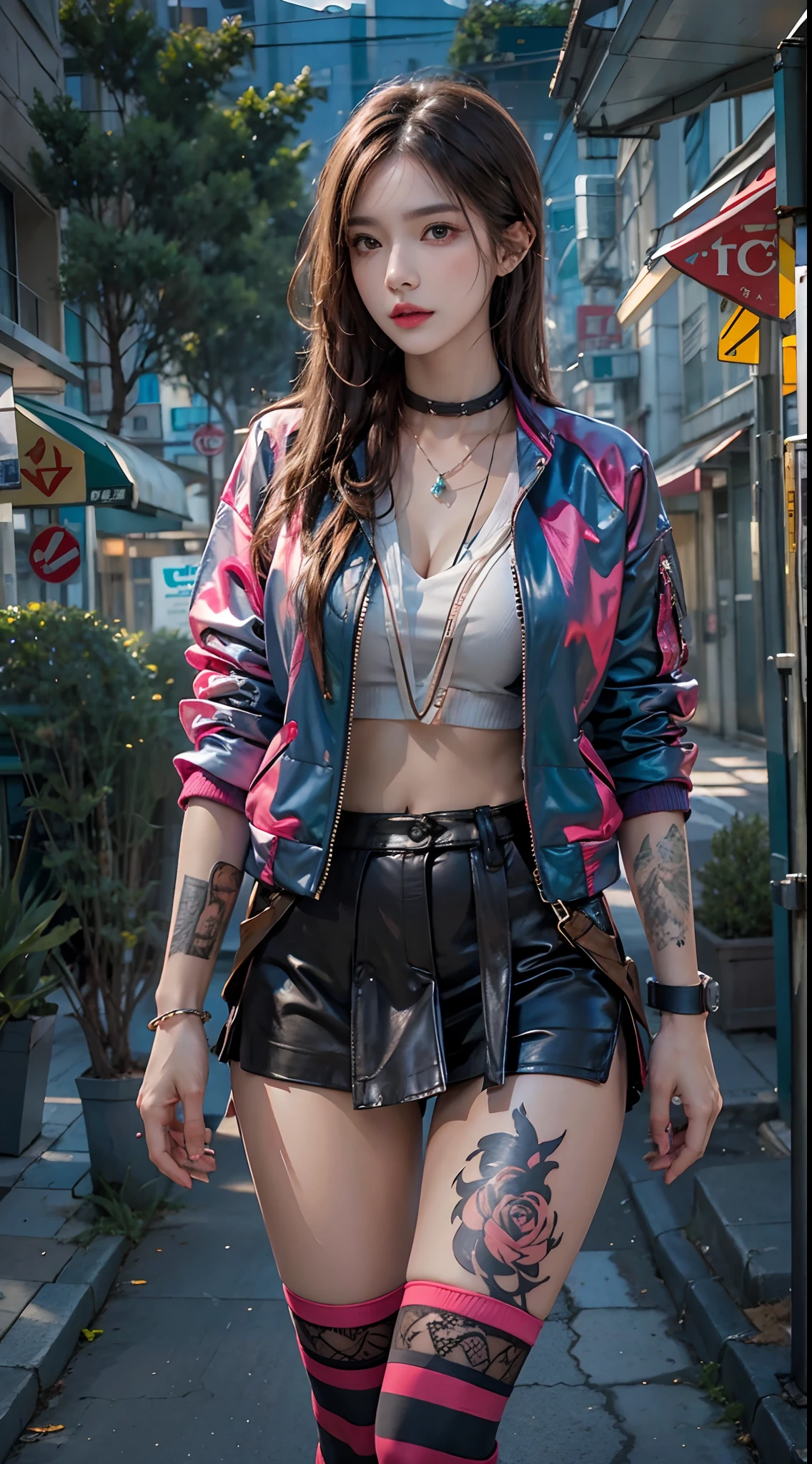 photorealistic, high resolution, 1women, solo, hips up, look at viewer, (detailed face), colorful street wear, jacket, skirt, thighhighs, tattoo, jewelry