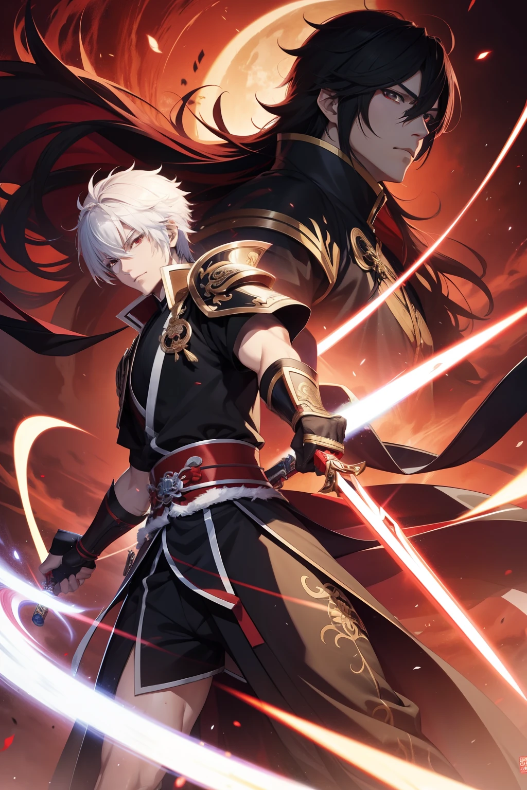 Very detailed anime male:1.5，Anime characters with swords and armor in front of red background, handsome guy in demon killer art, heise jinyao, handsome japanese demon boy, Keqing from Genshin Impact, zhao yun, Onmyoji detailed art, shirow masamune, Inspired by Seki Dosheng, by Yang J, xianxia hero, Badass anime 8 K