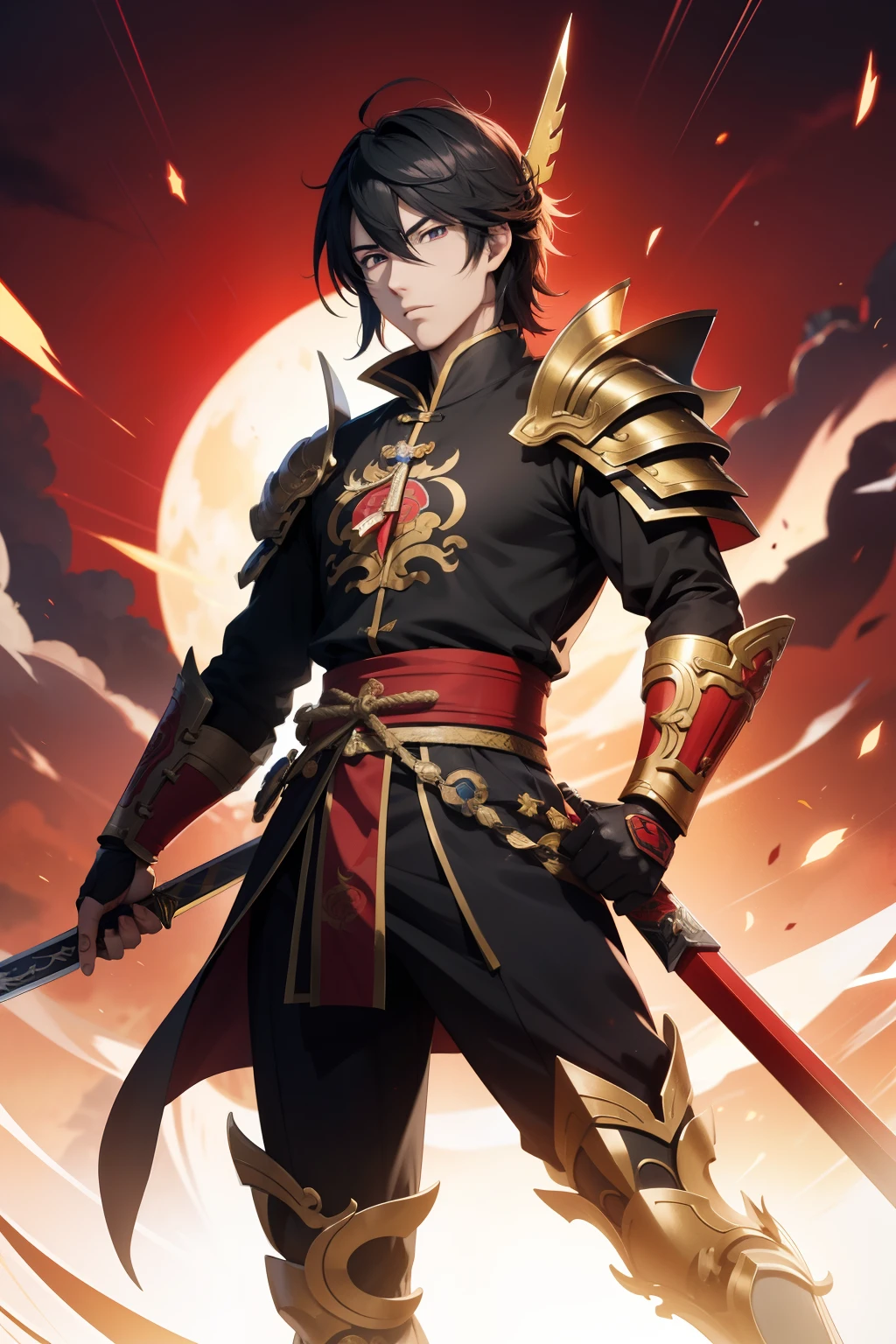 Very detailed anime male:1.5，Anime characters with swords and armor in front of red background, handsome guy in demon killer art, heise jinyao, handsome japanese demon boy, Keqing from Genshin Impact, zhao yun, Onmyoji detailed art, shirow masamune, Inspired by Seki Dosheng, by Yang J, xianxia hero, Badass anime 8 K