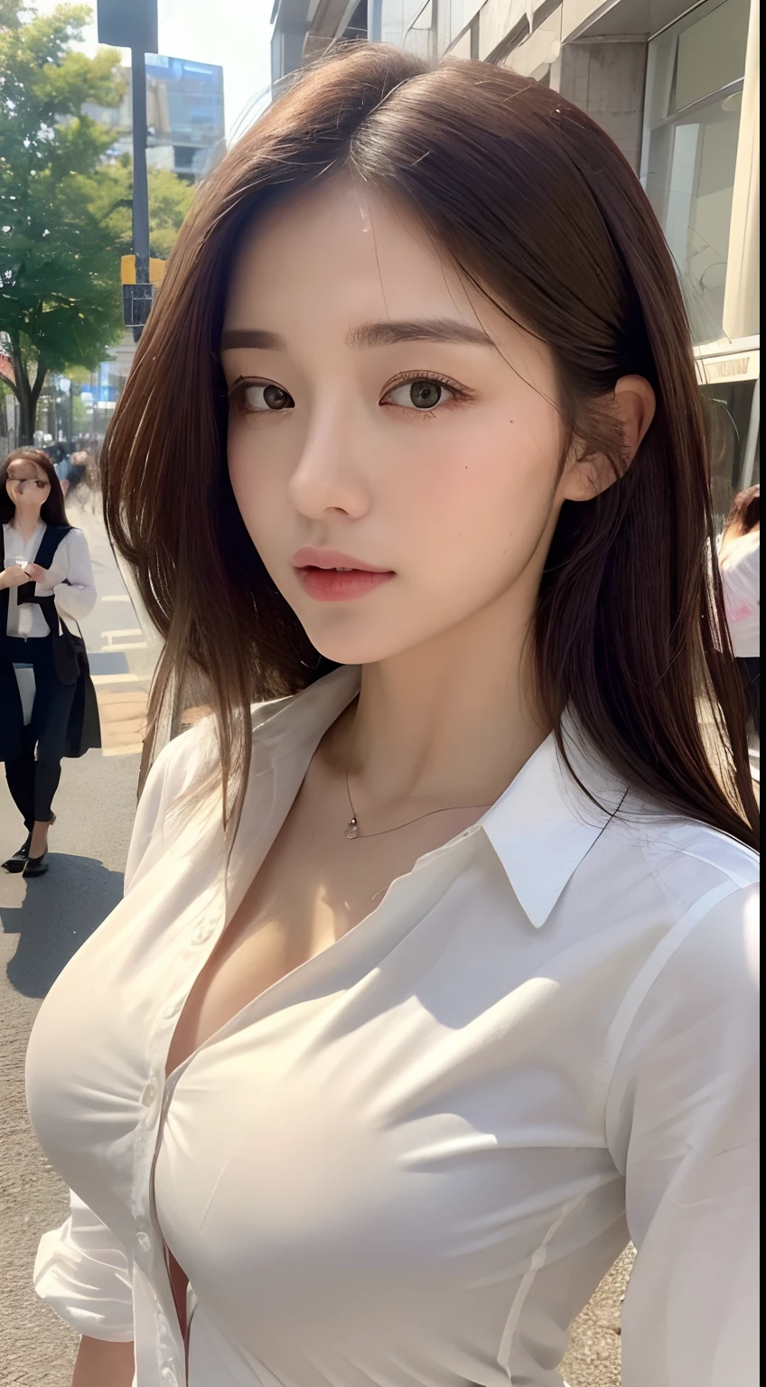((Best quality, 8k, Masterpiece :1.3)), Sharp focus :1.2, A pretty woman with perfect figure :1.4, Slender abs :1.2, ((Dark brown hair, Big breasts :1.2)), (White button up long shirt :1.1), City street:1.2, Highly detailed face and skin texture, Detailed eyes, Double eyelid