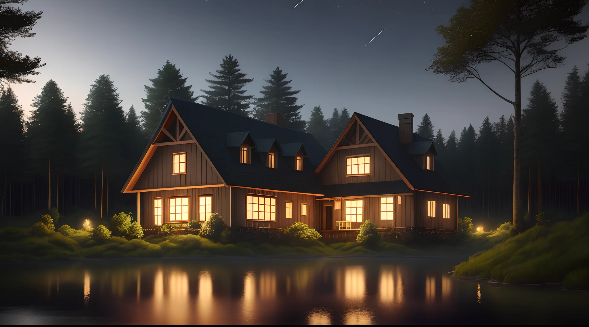 Trees surround a house in the middle of the forest, near the river in the middle of the night