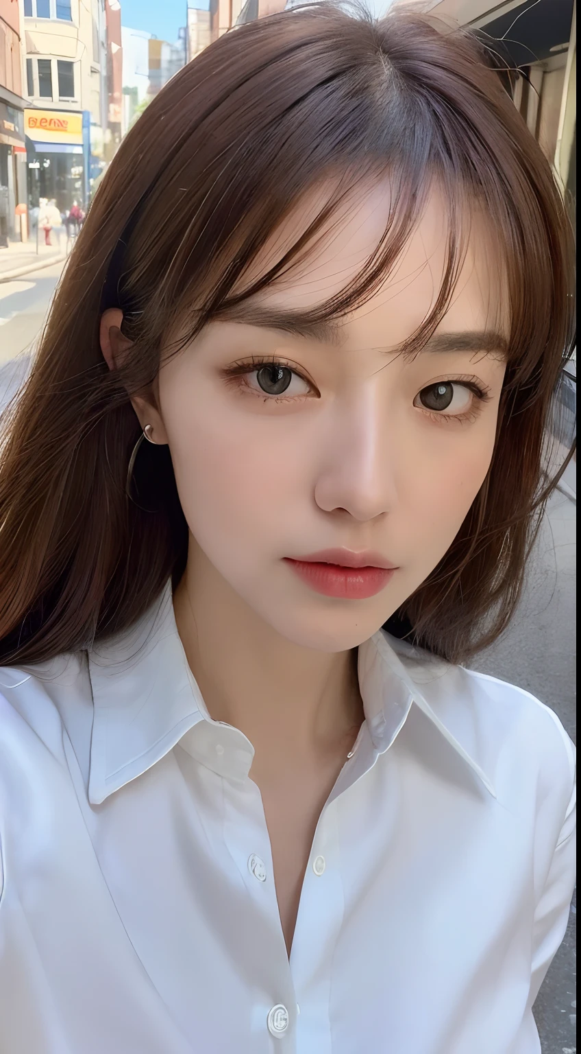 ((Best quality, 8k, Masterpiece :1.3)), Sharp focus :1.2, A pretty woman with perfect figure :1.4, Slender abs :1.2, ((Dark brown hair, Big breasts :1.2)), (White button up long shirt :1.1), City street:1.2, Highly detailed face and skin texture, Detailed eyes, Double eyelid
