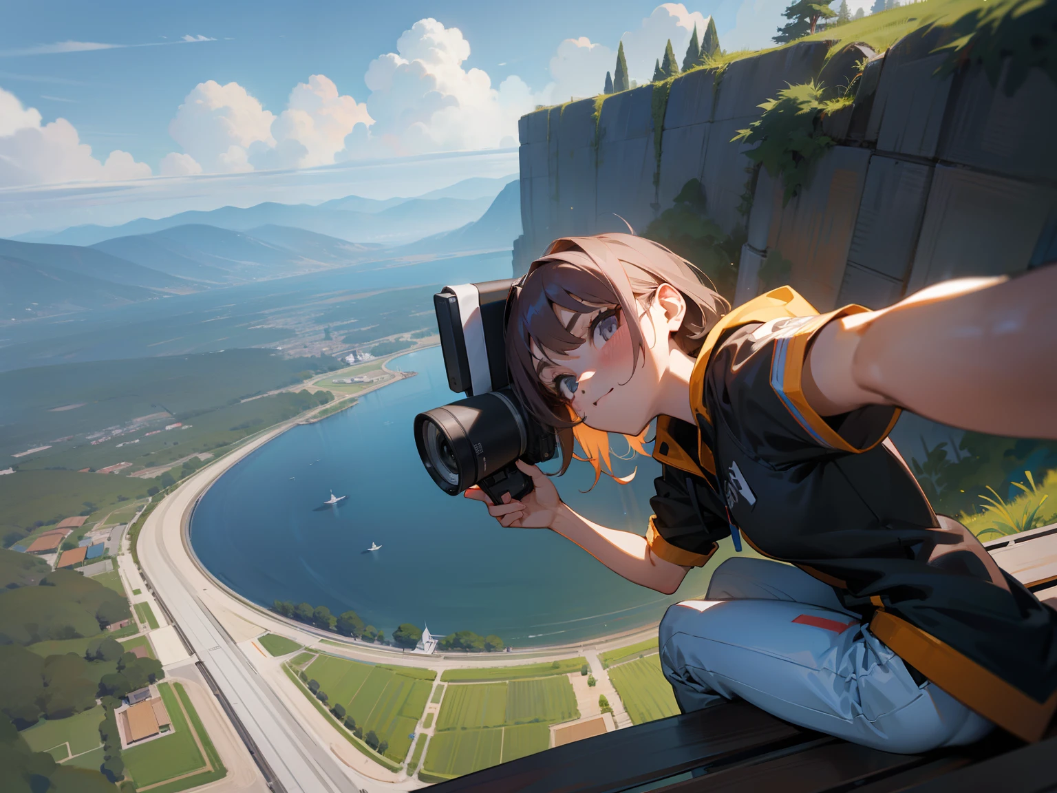 A person takes a selfie,Camera angle,Big perspective,Show the whole body,Sit and turn around,