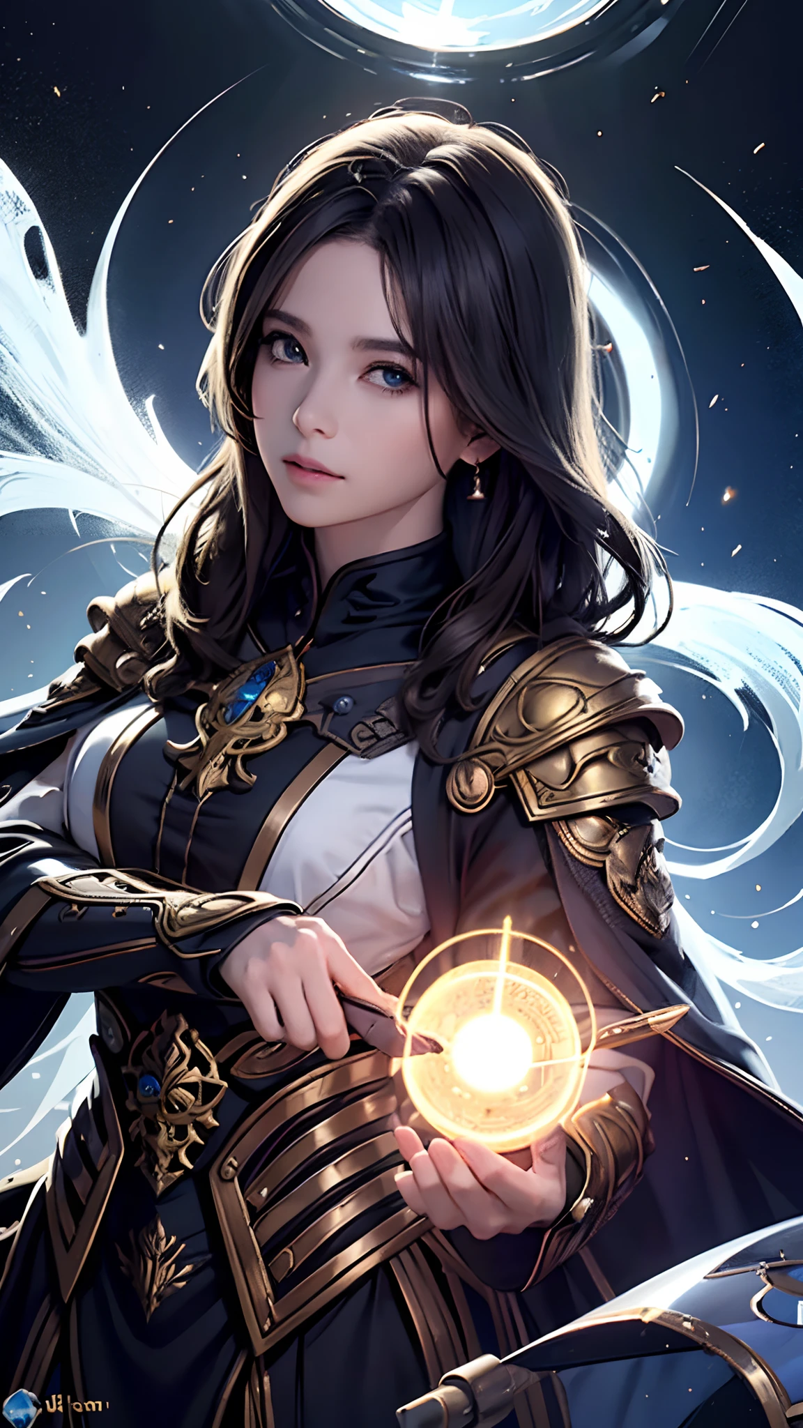 Arte Oficial, Unity 8k Wallpaper, Ultra Detalhe, Obra-Prima, Melhor Qualidade, Uma Mulher, (Muito Detalhe), dinamic angle, mystical expression, Fogo Efeito Brilhante, Fundo de Fantasia, rim lighting , Luz Lateral, cinematiclight, Ultra Definition, 8k UHD, grain of film, Melhor Sombra, Delicado, RAW, light particules, Textura Detalhada da Pele, Textura Detalhada da Armadura de Ouro, Clivagem, Rosto Detalhado, Detalhe complexo, Ultra-detalhado, Brilhante, Forte,  armadura branca, segurando uma arma, segurando um escudo, dron de vara, (((cabelo castanho, seios enormes))), olhos negros muito brilhantes, longo manto vermelho, fantasia, (realista),