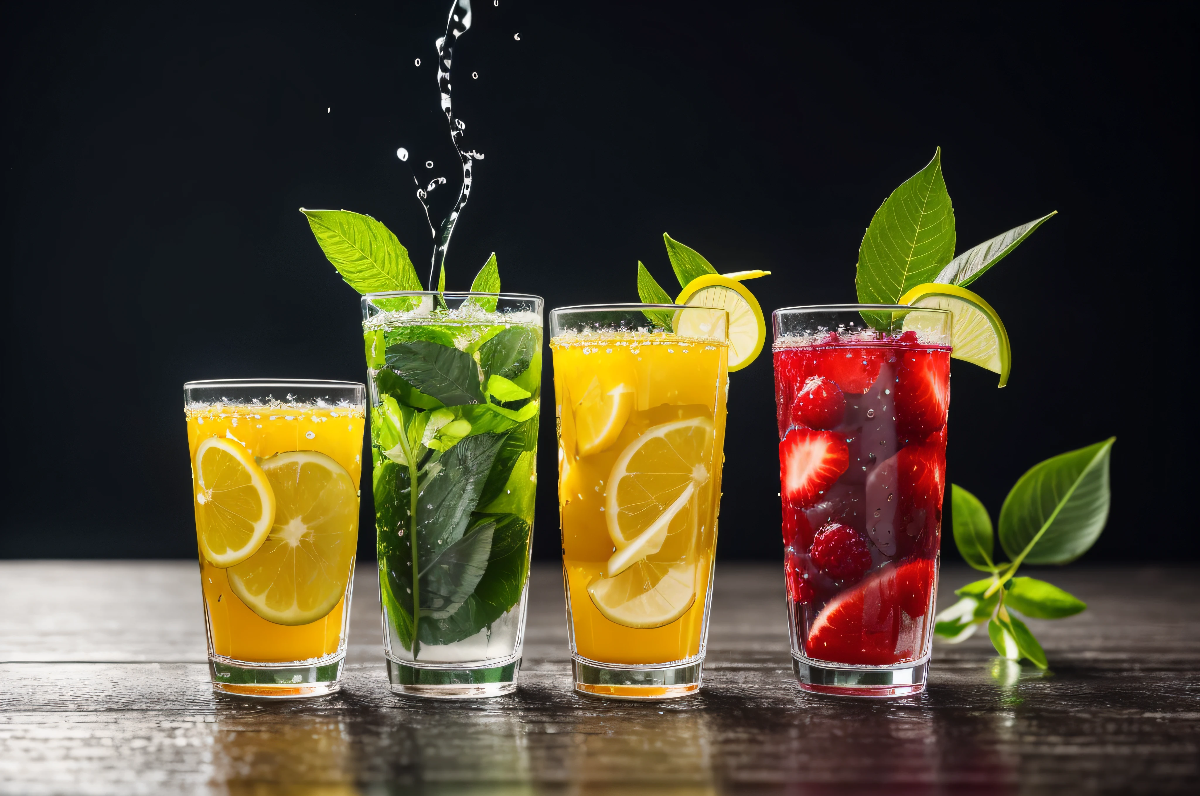 Real photos、3 fruit shots with leaves、liquid splashes、water bloom、carbonic acid,Ultra photo realsisim,Digital SLR,Close-up Shot Shot,Professional color grading,clean sharp focus,Epic composition,professional photoshooting,Ultra photo realsisim,hyper HD,the detail,hdr,8K