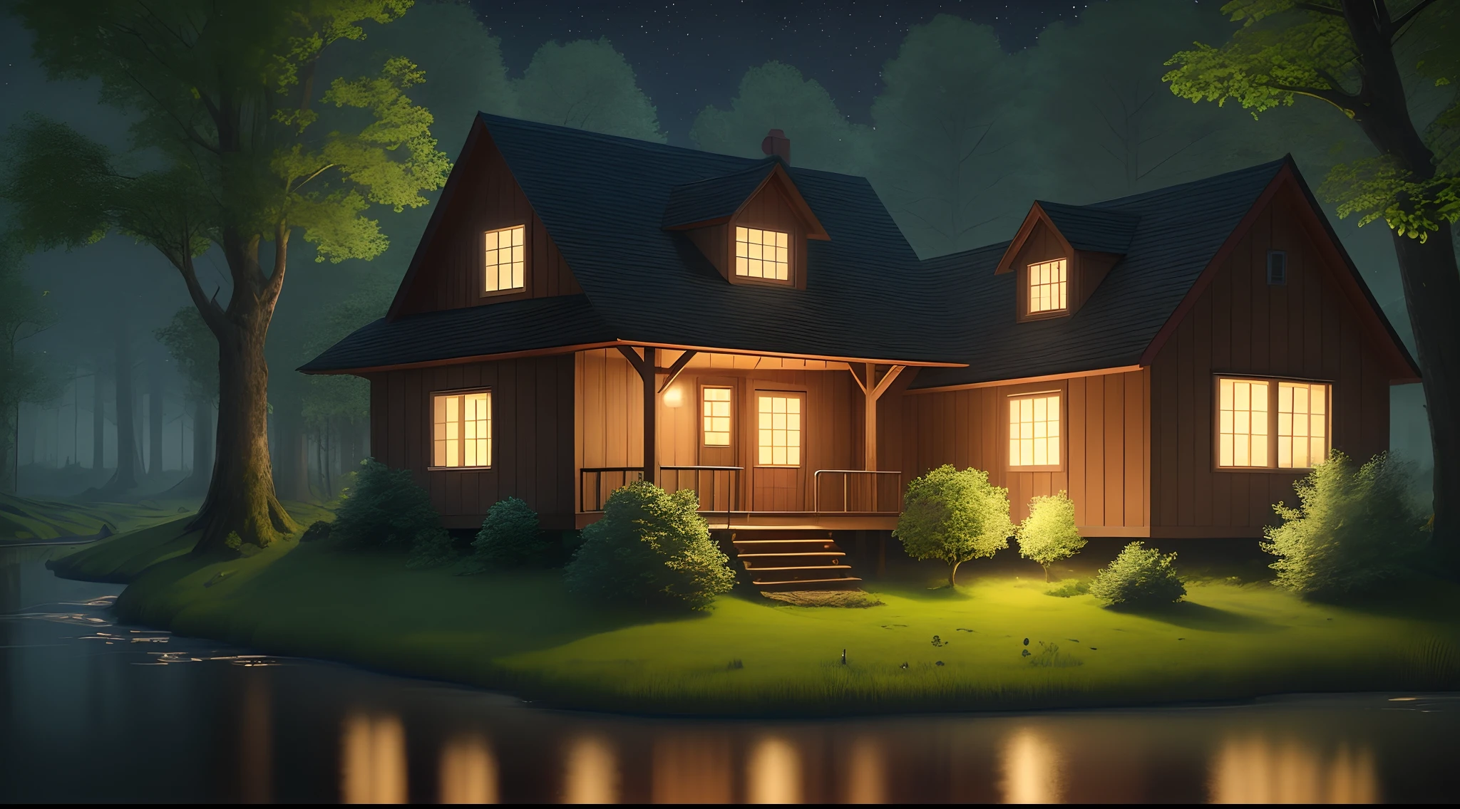 Trees surround a house in the middle of the forest, near the river in the middle of the night