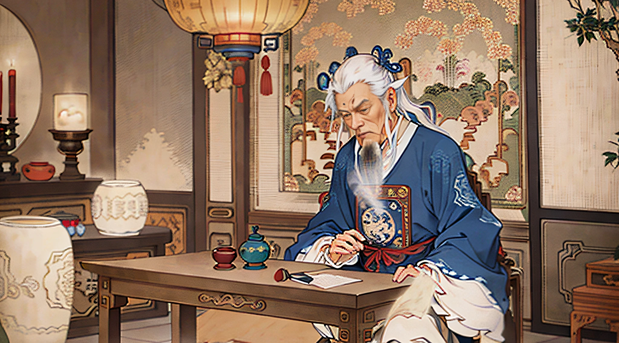 (Best Quality), (Masterpiece), (Detailed), front view, (Focus 1:1.5), Super Detail, (Masterpiece: 1.4), Best Quality, Super High resolution,There was only an old Taoist priest in a dark blue robe, a blue robe, dressed simply, sitting cross-legged, with a straight back, lonely, (ancient Chinese dress), a table with a wine jug and a dish on it, and by the candlelight, (Chinese immortal) with unblemished, pure, extremely flowing white hair,Masterpiece, Professional art, masterpiece, tension lens, Superb lighting, high precision shadows, single portrait, (detailed description of face), (detailed description of hair), (detailed description of clothes), (extremely delicate and beautiful), (detailed description of eyes), (detailed description of face), realistic light, up close