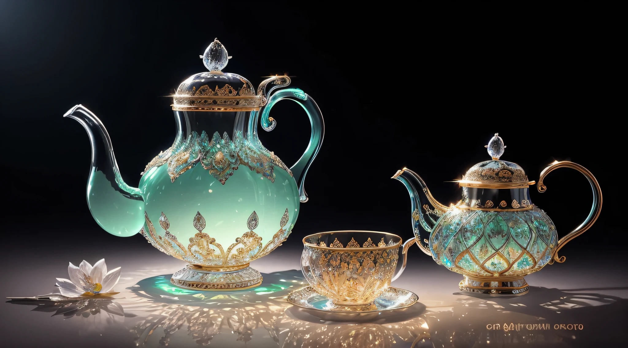 One crystal teapot, jeweled feathers, mint leaves, opalescent, glory, breath taking beautiful, graceful, elegant, stunning, photo, shiny, iridescent, (masterpiece), (best quality) (detailed) (8k) (HDR) (cinematic lighting) (sharp focus) (intricate), HDR, hyper-realistic, color graded, beautiful, realistic picture, ultra high quality, stunning, valuable treasure, flowers --auto
