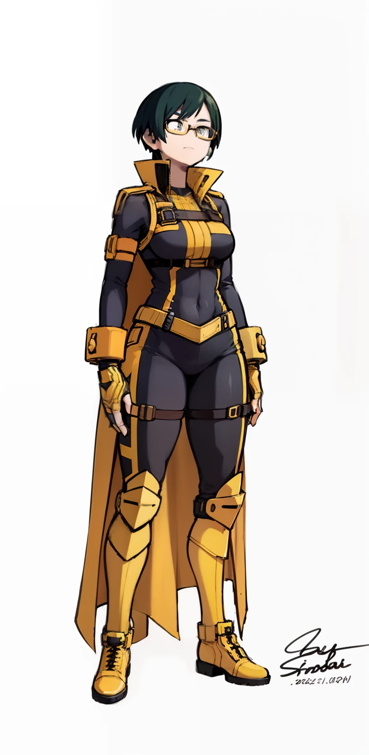 My Hero Academia style, anime Girl, female, wide thighs, wide hips, Large Breast, Blue short hair with green bangs, short hair, jagged bangs, asymmetrical bangs, long side bangs, yellow trench coat, trench coat, open trench coat, high collar trench coat, trench coat, glasses, red frame glasses, round red frame glasses, green eyes, Joyful Gaze, black pants, black belt, black shirt, trending on artstation pixiv, (full body shot:0.5), Masterpiece, fullbody suit, Hero costume, Perfect Anatomy, Super Detailed,