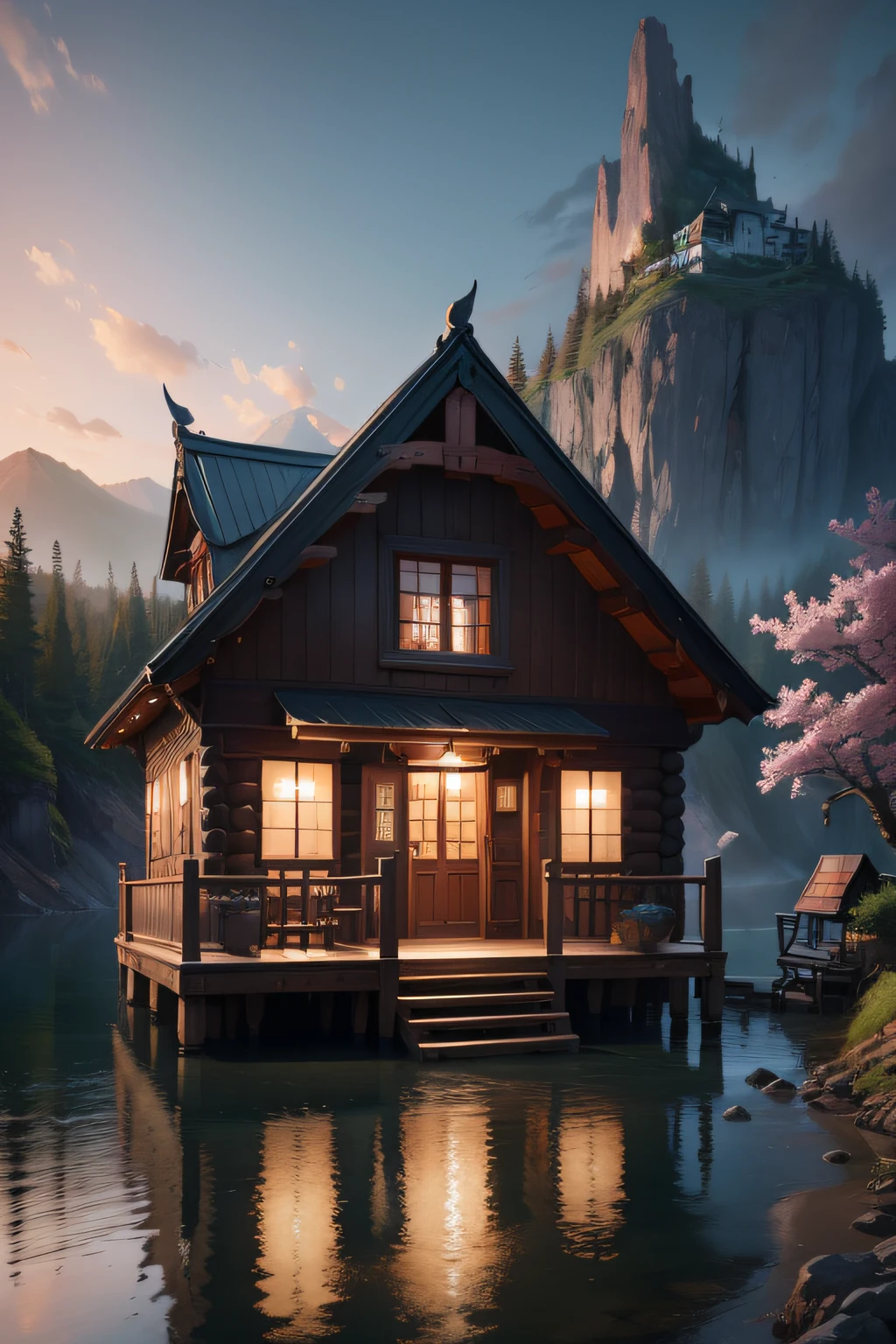 tmasterpiece，Best quality at best，high high quality，the Extremely Detailed CG Unity 8K Wallpapers，Landscape orientation，Small fishing village dream scene，wooden cabin，Small couple，Creates a mysterious and captivating feeling，art  stations，digital illustrations，复杂，Uptrend，pastel colour，oil painted，award winning photography，Bokeh，depth of fields，hdr，blooms，color difference，真实感，The is very detailed，Art Station trend，CGSociety trends，复杂，high detal，dramatics，Midjourney Art