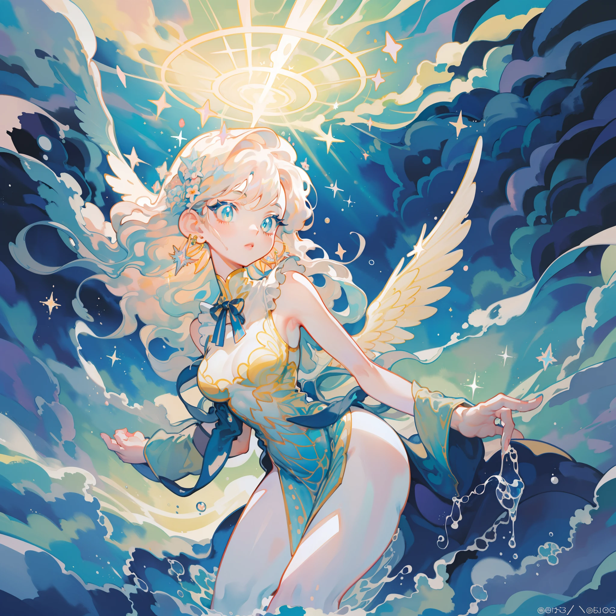 masterpiece, best quality, sharp focus, 8k, intricately detailed environment, anime, watercolor illustration, colorful, bright colors, whimsical, glowing lights, liquid otherworldly, fairy lights, beautiful girl in flowing liquid glowing dress, perfect face, golden ratio, sparkling eyes, watercolor, liquid light, angel wings