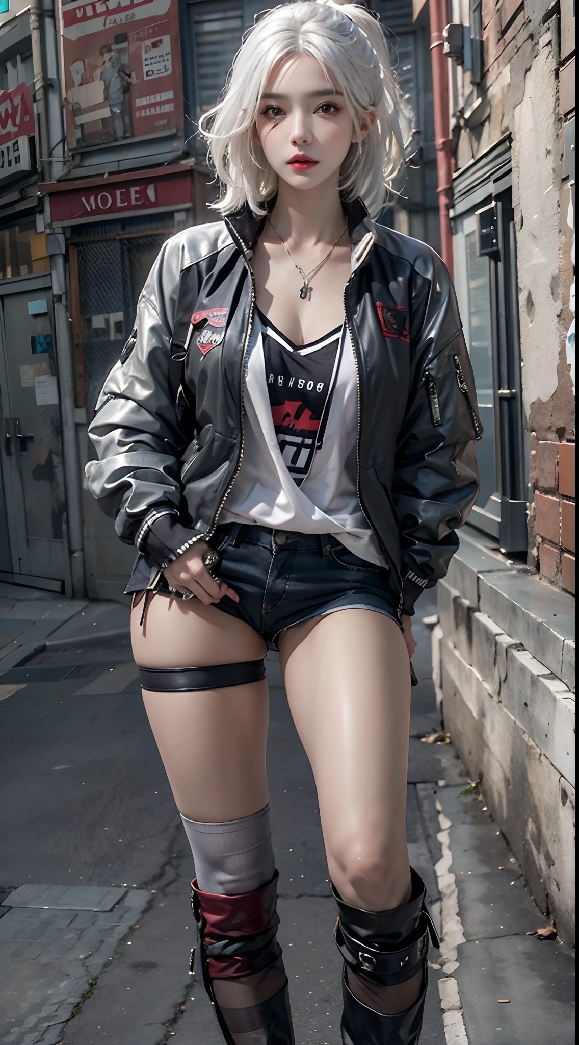 photorealistic, high resolution, 1women, solo, hips up, look at viewer, (detailed face), white hair, street wear, jacket, skirt, thighhighs, tattoo, jewelry