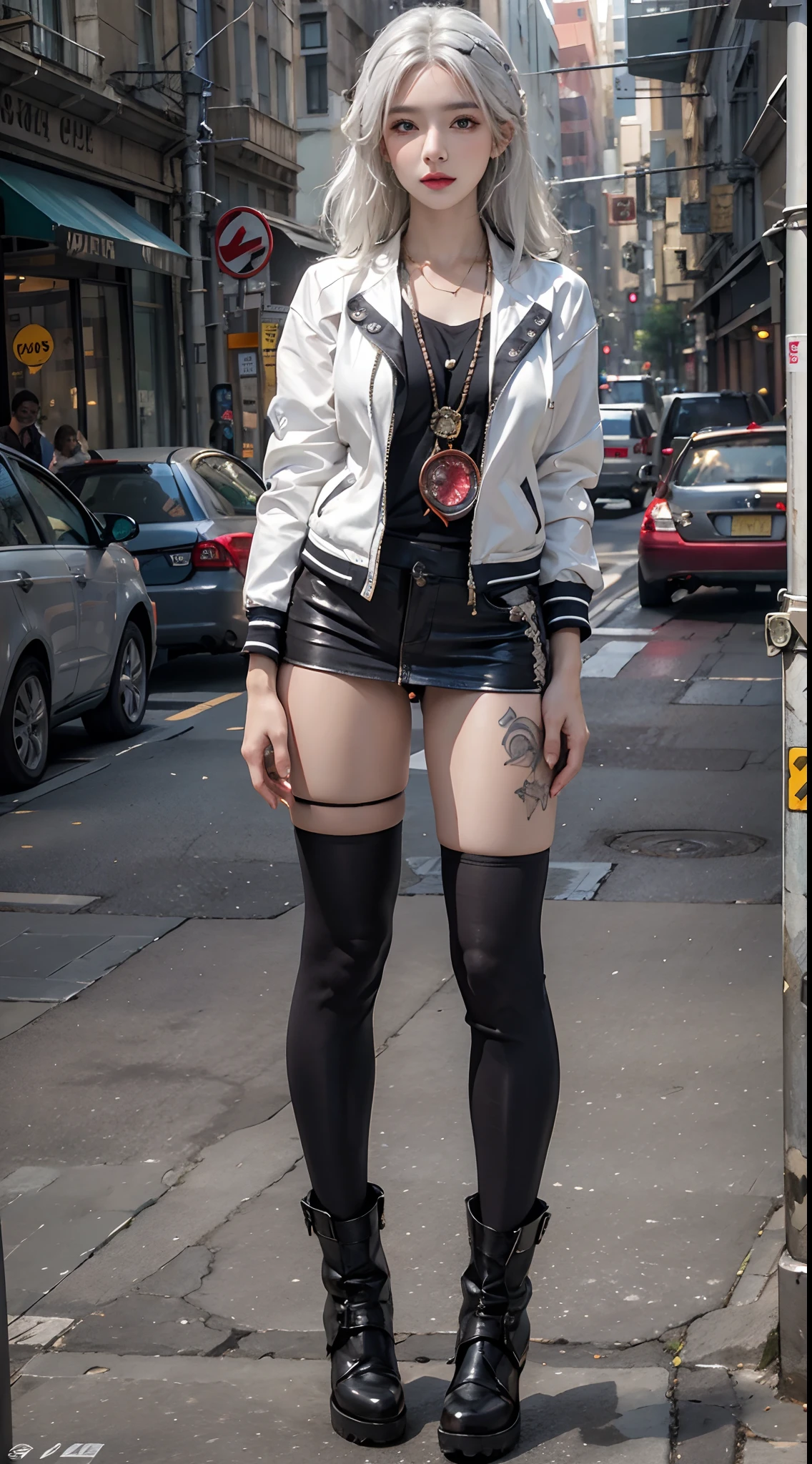 photorealistic, high resolution, 1women, solo, hips up, look at viewer, (detailed face), white hair, street wear, jacket, skirt, thighhighs, tattoo, jewelry