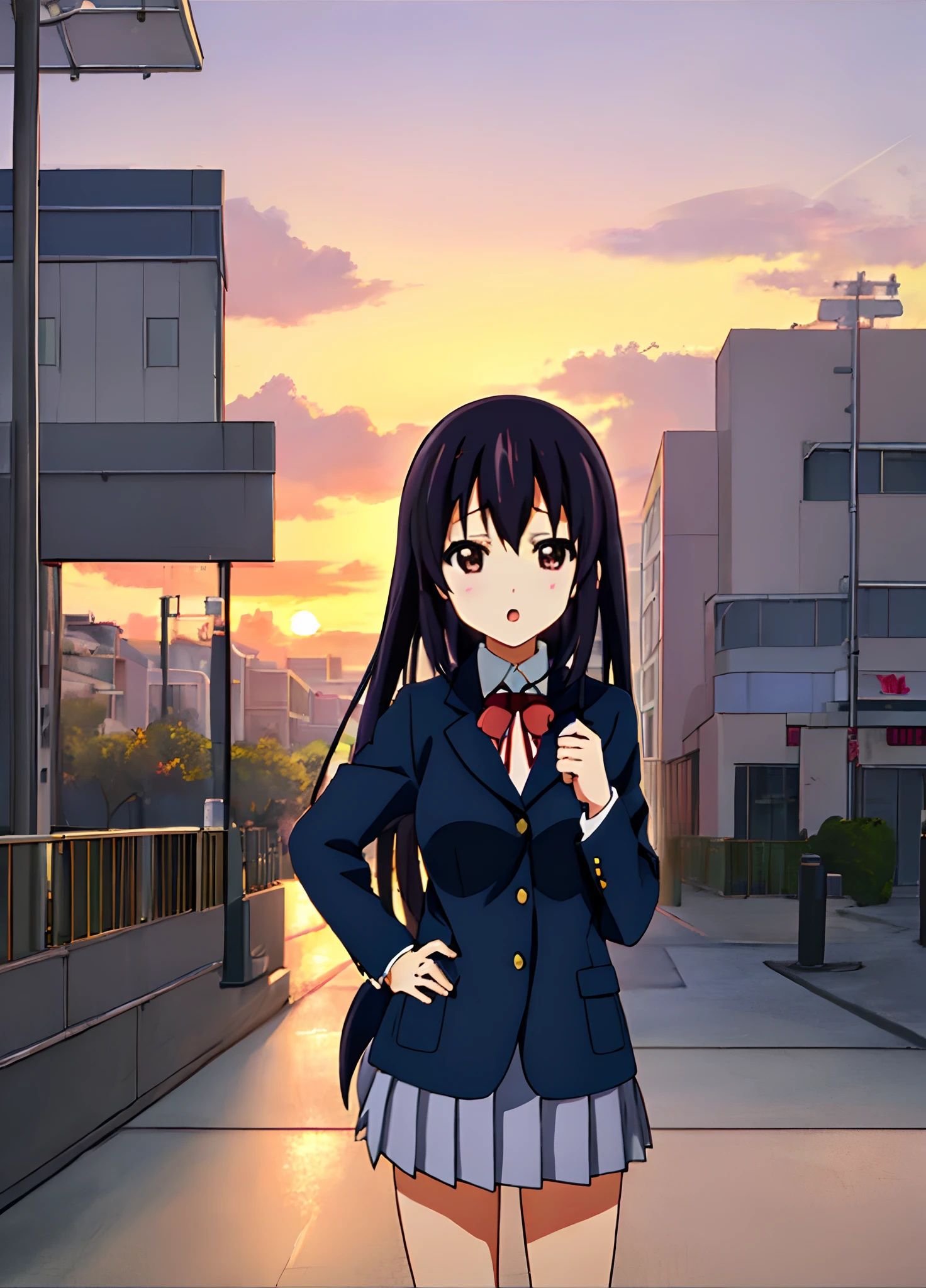 1girl, (((masterpiece))), top-quality, top-quality, High Details, nakano azusa, 1girl, Sakuragaoka High School Uniform, student clothes, Twin-tailed, length hair, A dark-haired, brown-eyed, 独奏, reddish, Dark blue blazer with thin red ribbon, Solid white buttoned shirt under blazer, illustratio, comic strip, soothing tones, Subdued Color, Soft cinematic light, adobe lightroom, photolab, HDR, intricately and hyper-detailed、(((depth of fields))))。(((masterpiece)))。(((top-quality))).)((ultra-detailliert)))。(((illustratio)))。(((takeout))).dynamic focus.big breasts.(((Skyscrapers))).(((A city scape))).(((Face of sadness))). open mouth.(((put hands on the hip))).(((up chest))).((evening glow)).((the setting sun)).