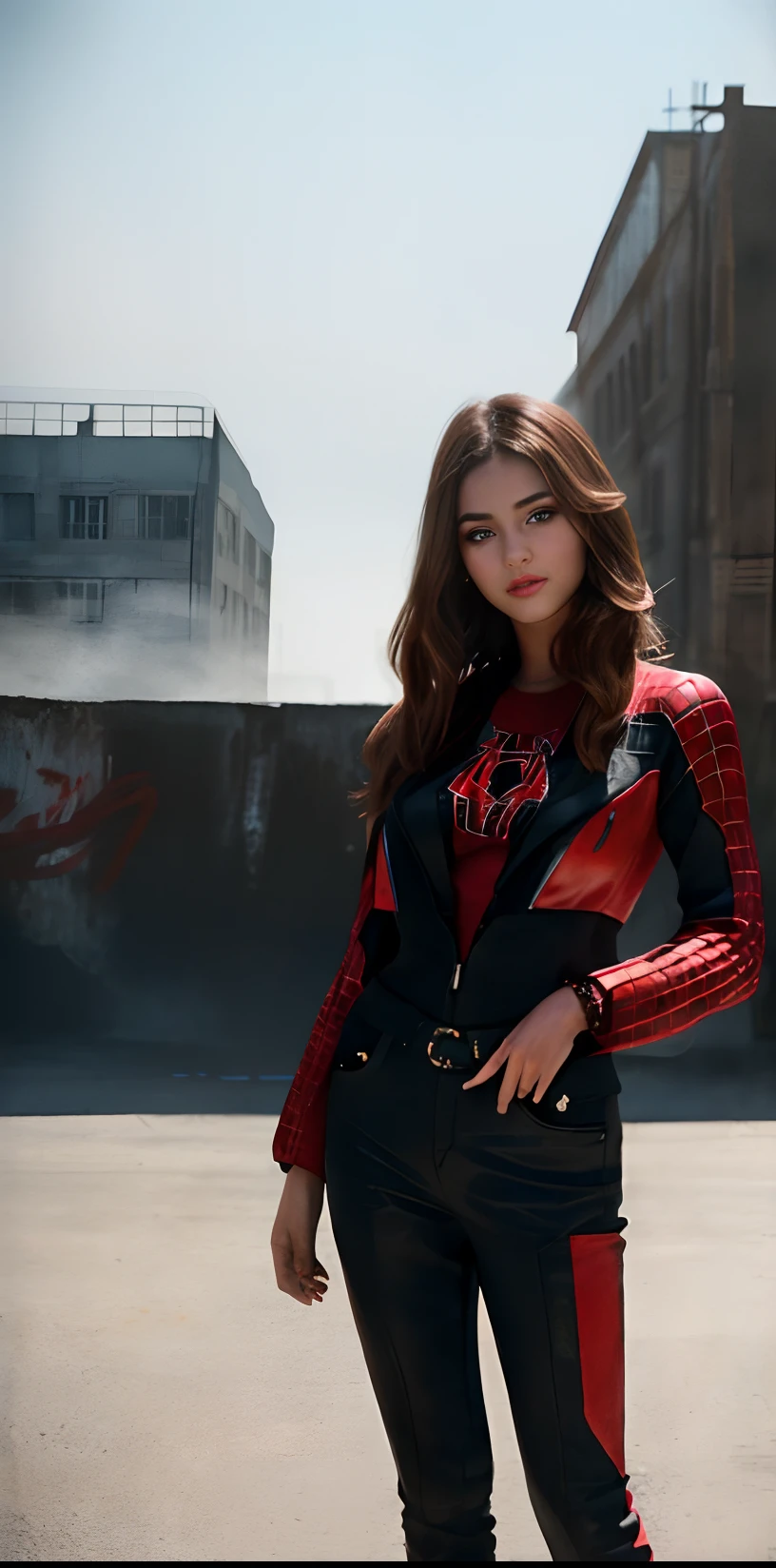 (1girl:1.3), solo, (((extremely detailed face))),(((extremely detailed eyes and face))),beautiful detailed eyes,body-parts__, official art, unified 8k wallpaper, super detailed, beautiful and aesthetic, beautiful, masterpiece, best quality, raw, masterpiece, super fine photo, best quality, super high resolution, photorealistic realism, sunlight, full body portrait, amazing beauty,, dynamic pose, delicate face, vibrant eyes, (from the front), she is wearing a Spider-man suit, red and black color scheme, spider, very detailed abandoned warehouse background, Detailed face, detailed complex busy background, messy, gorgeous, milky white, highly detailed skin, realistic skin details, visible pores, sharp focus, volumetric fog, 8k uhd, DSLR, high quality, film grain, fair skin, photo realism, lomography, huge metropolis in future dystopia, seen from below, translucent