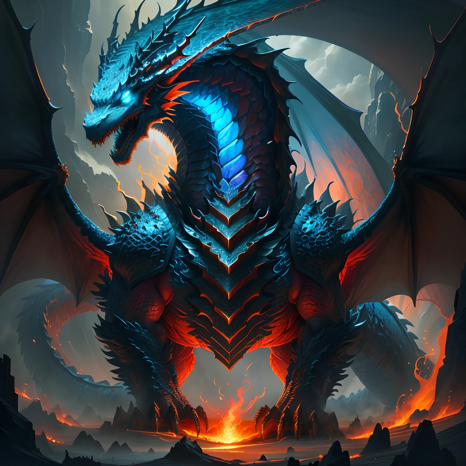 A close-up of a dragon,There is fire and flames around, Epic fantasy digital art style, 4K detailed digital art, 4k highly detailed digital art, fractal thunder dan mumford, Epic fantasy art style, epic dragon, 8K stunning artwork, Dragon Art, Legendary Dragon, Detailed digital 2D fantasy art, colossal dragon as background