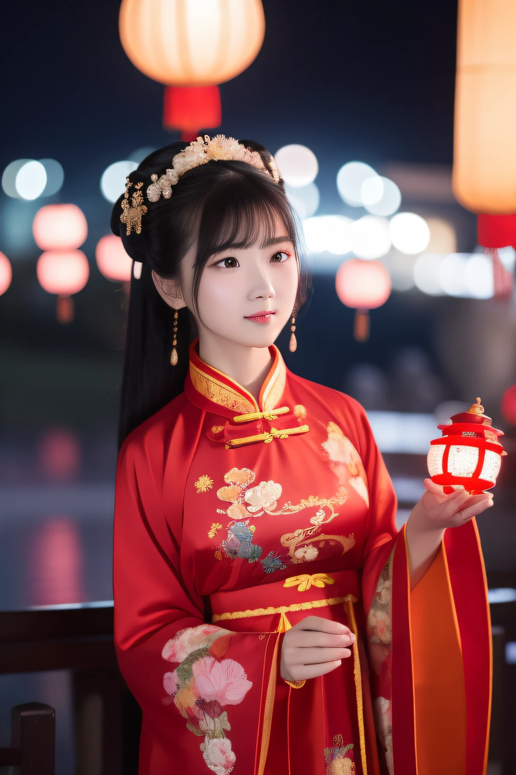 the night,A woman in Chinese clothing carries a lantern