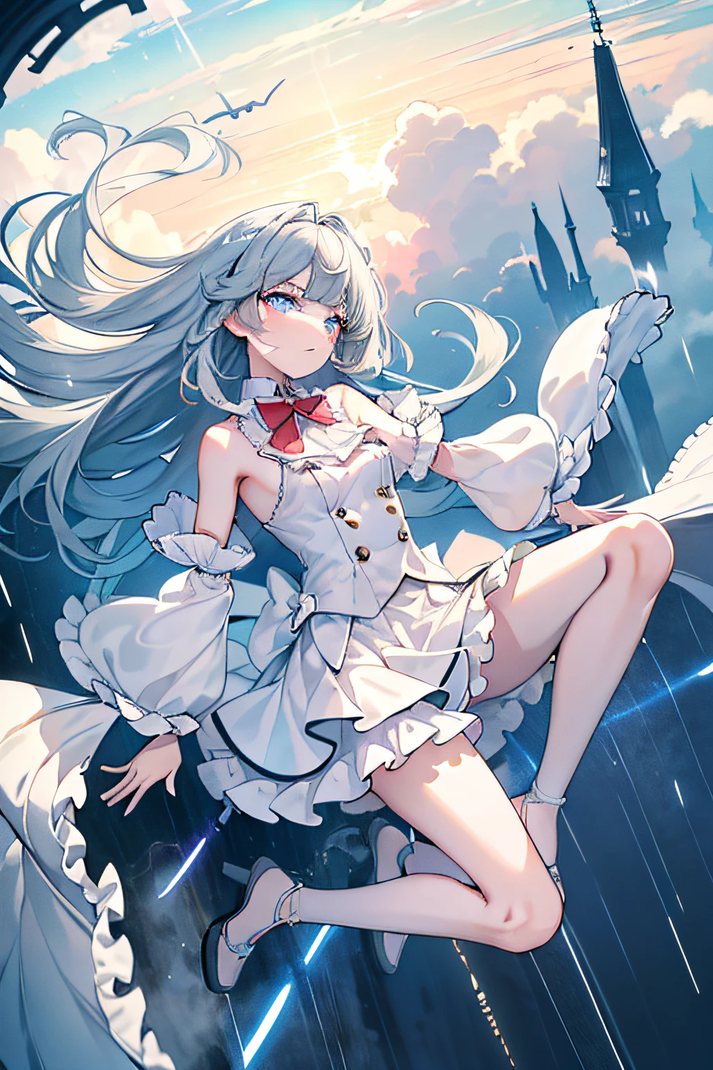 ((masterpiece)),(((best quality))),((ultra-detailed)),((((full body)))),(unhelpless),tear,crying,((((( falling from the sky))))),(( Weathering With You)),(((full body))),(illustration), (1 boy),((falling)),tear,((face towards the sky)),(hair flows upwards),((illustration)),((disheveled hair)),anime screeshot,((frills)),(1 boy),big top sleeves, floating,beautiful detailed isky,beautiful detailed eyes,overexposure,,expressionless,side blunt bangs,hairs between eyes, ribbons,bowties,buttons,bare shoulders,(((small breast))), detailed clothes,blank stare