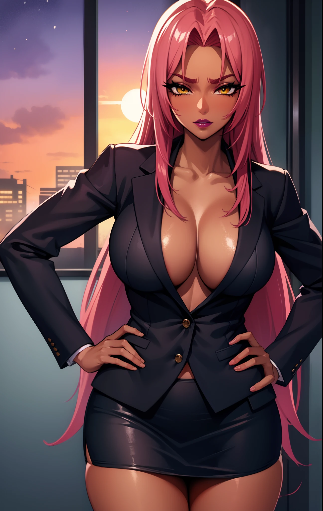 (highres, high quality:1.3), intricate details, cinematic lighting, sharp focus, depth of field, makaikishiingrid
Ingrid, 1girl, solo, mature female, (dark-skinned female, dark skin:1.1), looking at viewer, standing, hands on hips, office, window, evening, sunset,
serious,
pink red hair, very long hair, hair intakes, makeup, lipstick, (mole under mouth:0.8), eyelashes, yellow eyes, detailed eyes, perfect face,
business suit, formal, skirt suit, jacket suit,
large breasts, cleavage, (areola slip:1.2), (nipple slip:0.9), thighs,