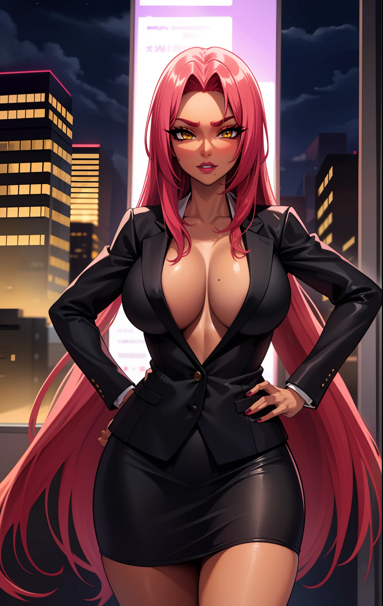 (highres, high quality:1.3), intricate details, cinematic lighting, sharp focus, depth of field, makaikishiingrid
Ingrid, 1girl, solo, mature female, (dark-skinned female, dark skin:1.1), looking at viewer, standing, hands on hips, office, window, evening, sunset,
serious,
pink red hair, very long hair, hair intakes, makeup, lipstick, (mole under mouth:0.8), eyelashes, yellow eyes, detailed eyes, perfect face,
business suit, formal, skirt suit, jacket suit,
large breasts, cleavage, (areola slip:1.2), (nipple slip:0.9), thighs,
