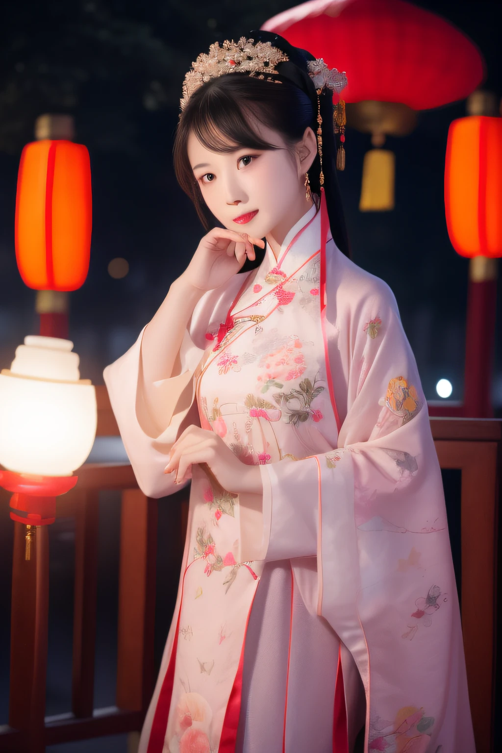 the night,A woman in Chinese clothing carries a lantern
