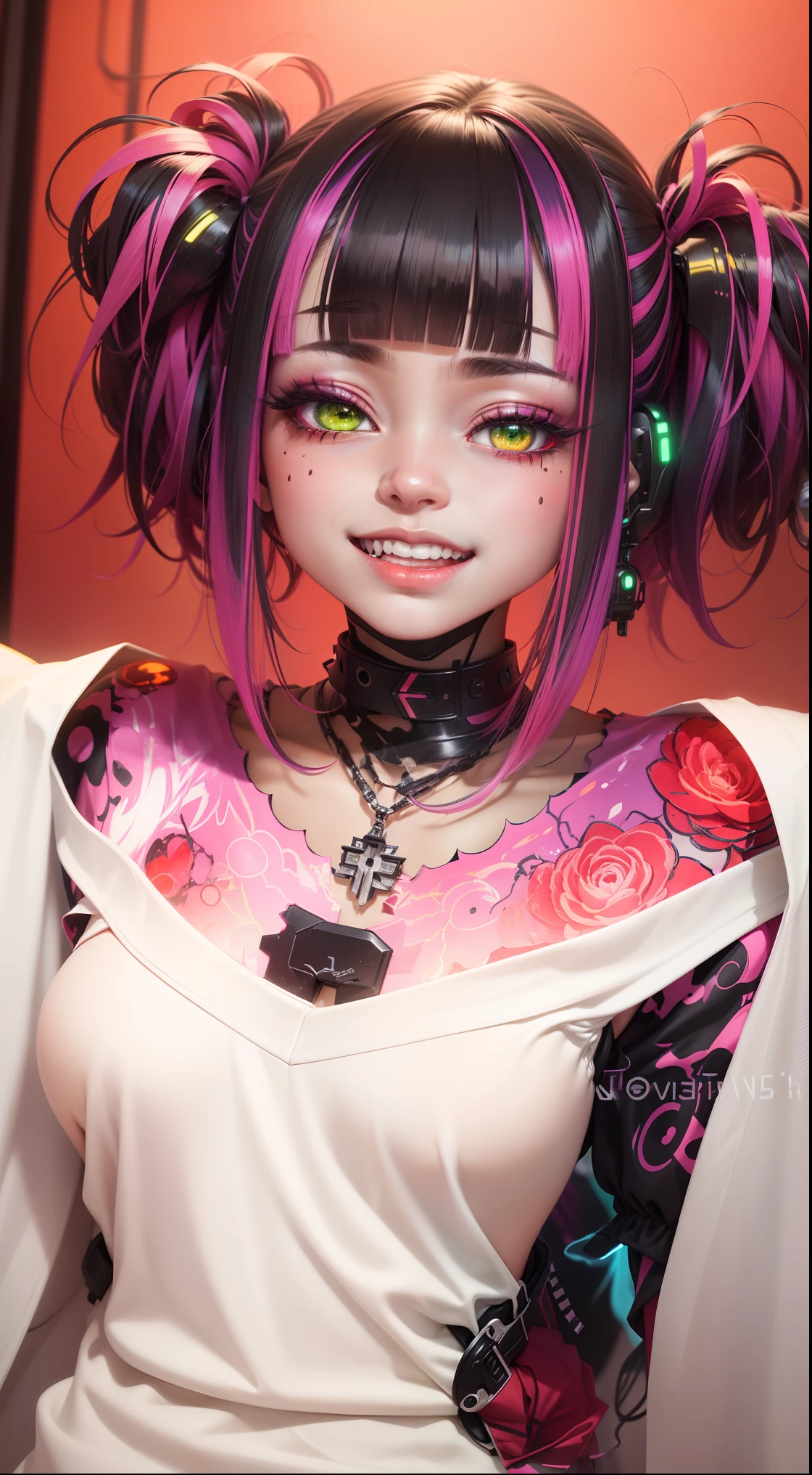 1 girl, black hair with green degrade, beaming colors, blood red, bright colors, brilliant colors, burnt amber, cooper color, dark pink colors, dark vibrant colors, dark red, dark purple, dark pink, dark violet, electric colors, futuristic, electroluminescence, realistic art, decora kei outfit, --niji --q 0.25