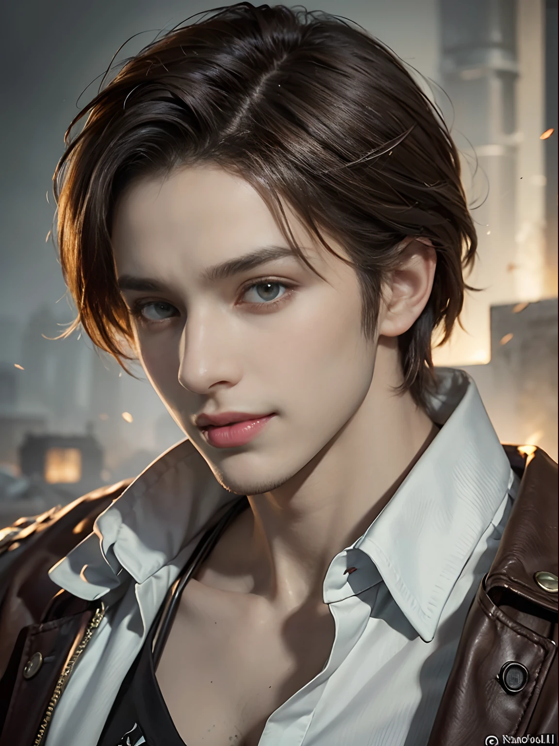 (closer view)1 man, with golden eyes, handsome, with very short red hair (slicked back hairstyle) and a white shirt, smirk and grin, handsome and muscular guy in demon slayer art, guilty gear strive graphics, realistic, dynamic pose, realistic, detailed and correct facial structure, blades ornaments, attractive, LEON S. KENNEDY, cinematic lighting, unreal engine, trending on ArtStation, intricate details, masterpiece, best quality, by Irakli Nadar, Greg Rutkowski,(((best quality))),(((ultra detailed))),(((masterpiece)))