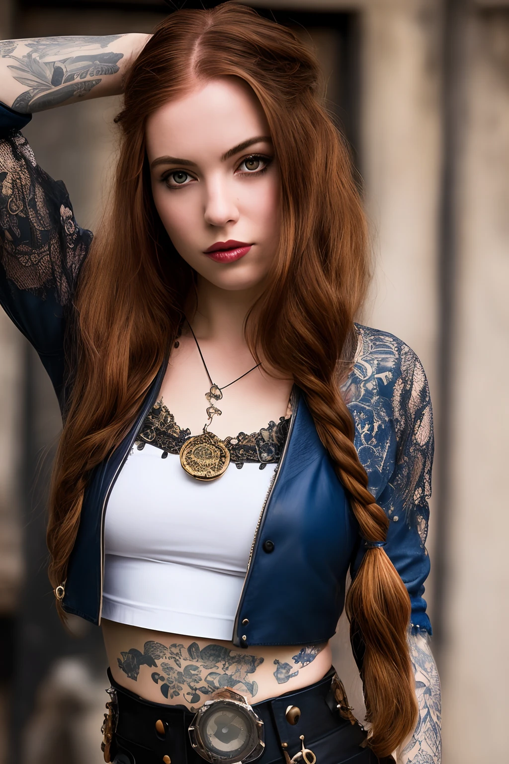 an steampunk girl at a party, (white crop top:1.2), small breast, black and blue leather, tattoo, hyper detailed, ultra sharp, long auburn hair in braids, 8k, (insanely detailed:1.5), full body photograph, 20 megapixel, canon eos r3, detailed skin, pale skin