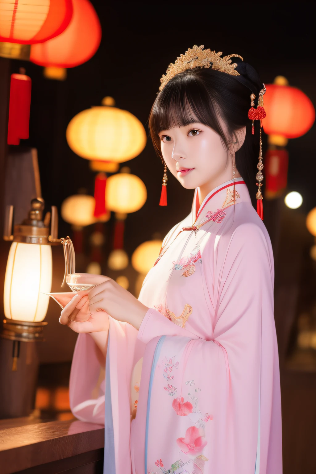 the night,A woman in Chinese clothing carries a lantern