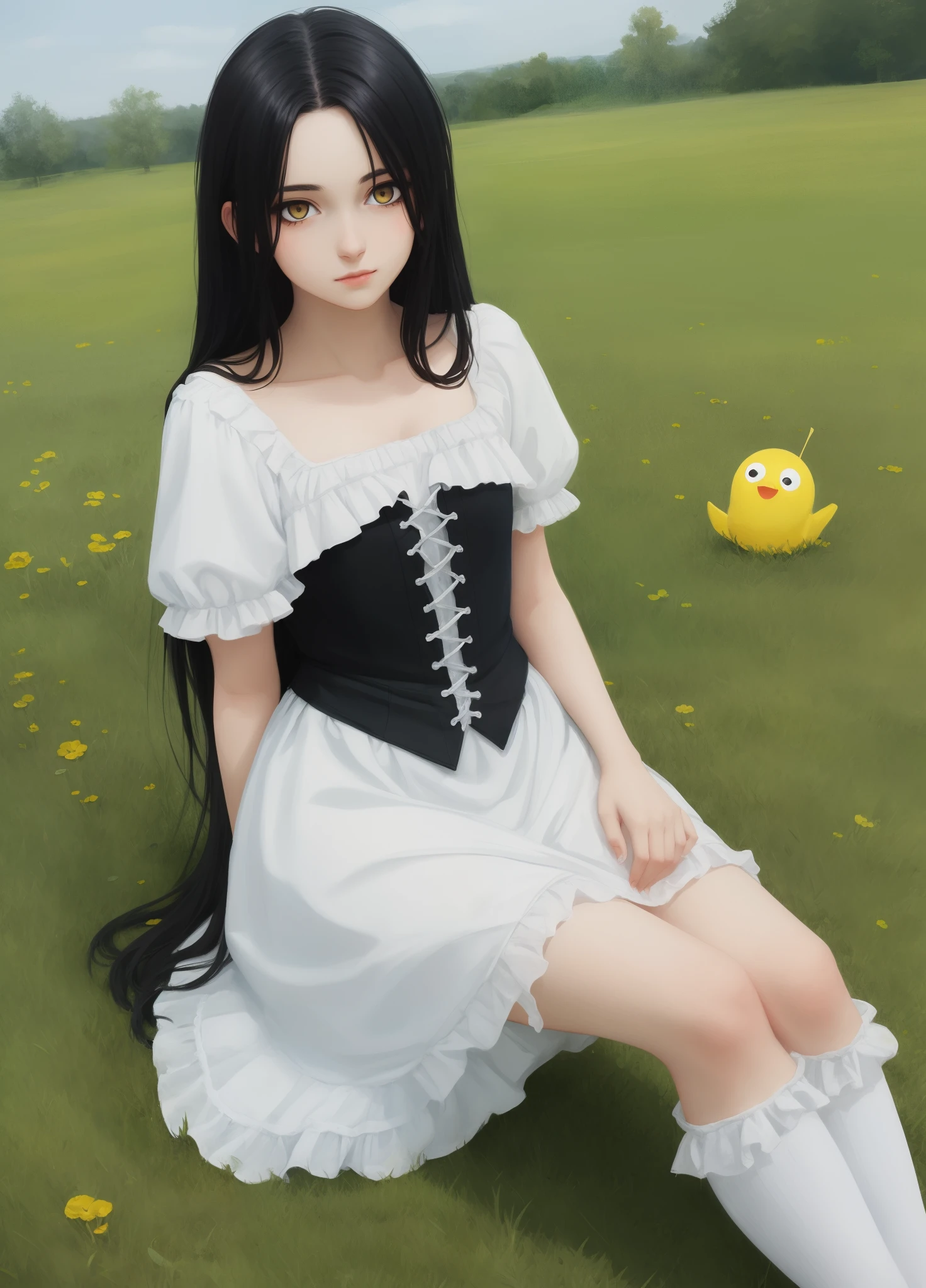 black long straight hair，Golden eyes，female pervert，Wearing white period costume，Sit on the grass，Dumb cute，16 yaers old，Two-dimensional painting style