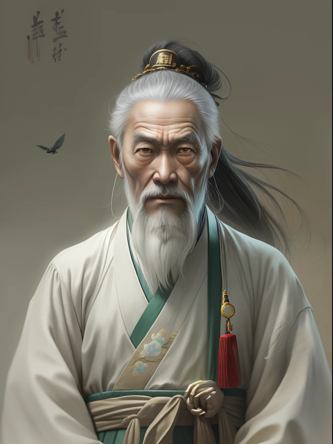 Chinese Ancient Times, An old man, Asian people，gray hair and beard, Black eyes，Thin body, Weakness of the body，standing on your feet, The background is a prison，Look at the camera with determined eyes, dressed white hanfu, There is no pattern，China-style, first person perspective, Masterpiece, ccurate, Anatomically correct, Super detail