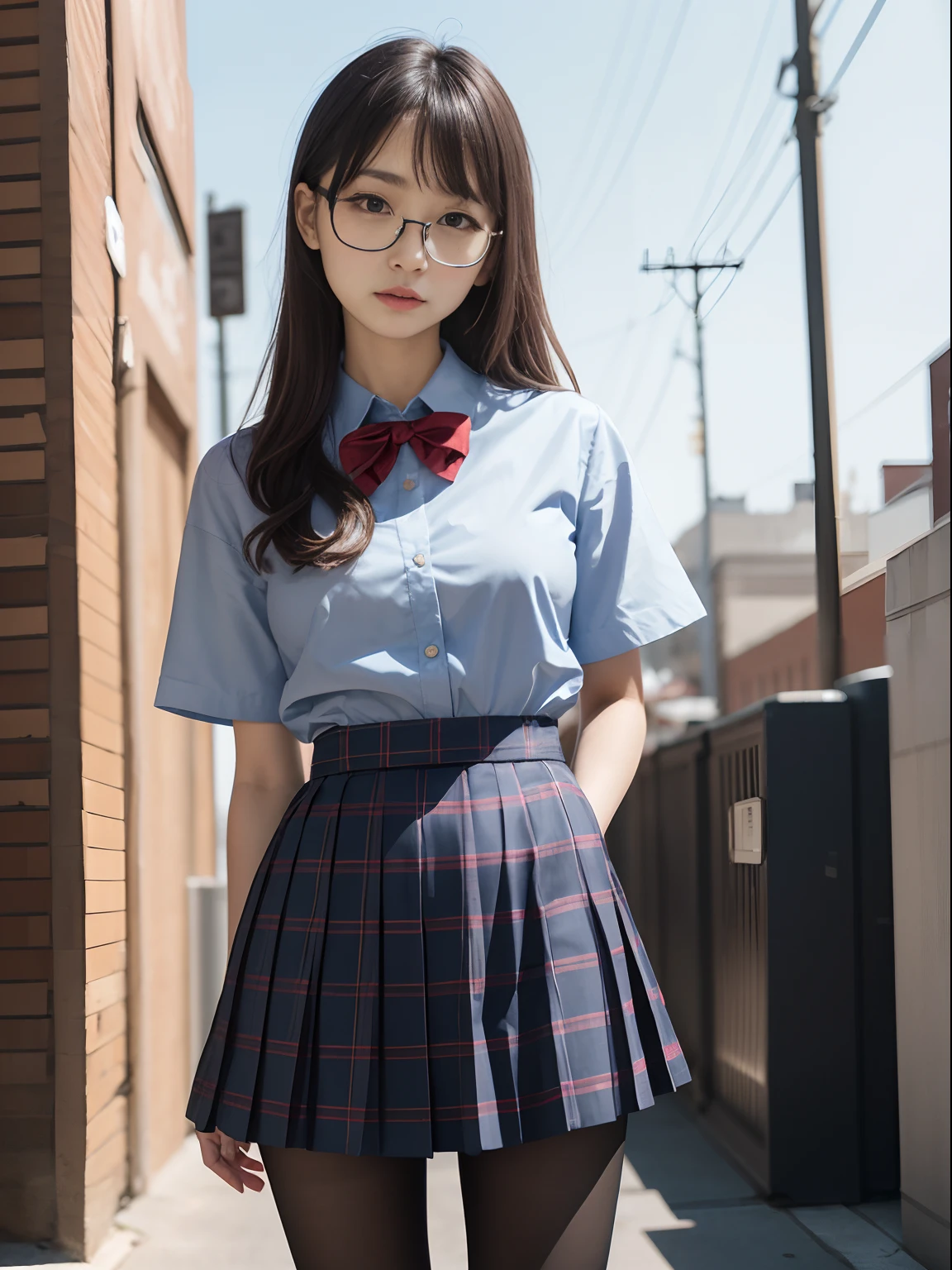 （8K、Raw photography、top-quality、​masterpiece：1.2),Lori,Schools,watching at viewers,Looking at the front,side poneyTail,Bullish,Muchimuchi,Erotic,Pupils,Light Blue Bra,de pele branca,kne,(Black pantyhose),absurderes,a small face,small tits,flat breast,Parting the bangs from the middle、Forehead visible,(a cold expression,Tight eyes,glares,Bullish,skinny,Rasping,irate)、​masterpiece,top-quality、超A high resolution,Raw photo,ren,Beautiful fece,One Person, 独奏,eye glass,,Dark look,Small breasts,fullllbody,Round glasses、cute little、Back to Student,JK school uniform,hi-school girl,A Japanese Lady,is standing,（Photorealsitic：1.37）、Photon mapping,Realistic、Cute little face,Brown-eyed、Black socks、(Red bow tie)、Radio City、Physically Based Rendering、Foreground、depth of fields、Blurry background、a picture,The girls、Body,beauty legs, Long legs, Thin leg,Tie your hair into one strand on your chest,(Bangs are visible), hair, s lips, Blue_The eye, nosesoft,(Light blue shirt), (Navy and blue and white plaid pleated skirt), Knees are visible,Sheer clothing,, Thigh, Black cotton socks,Nogizaka Idol, 女優, Japanese ido