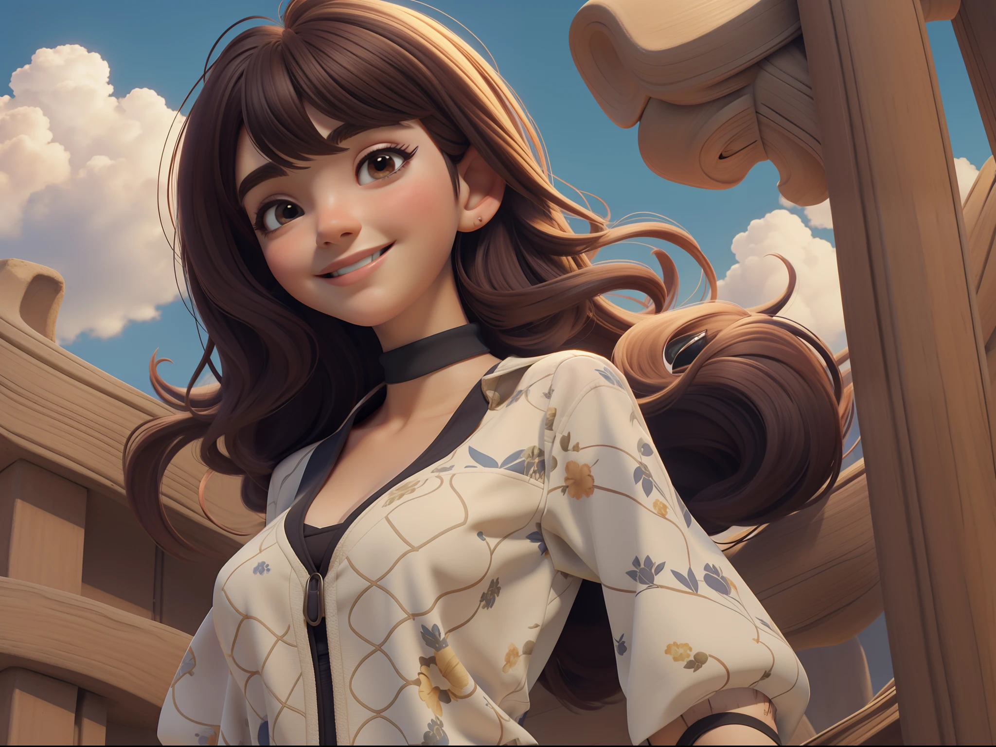 Menina de cabelos cacheados, rosto meigo, feliz, With arms open to the sky