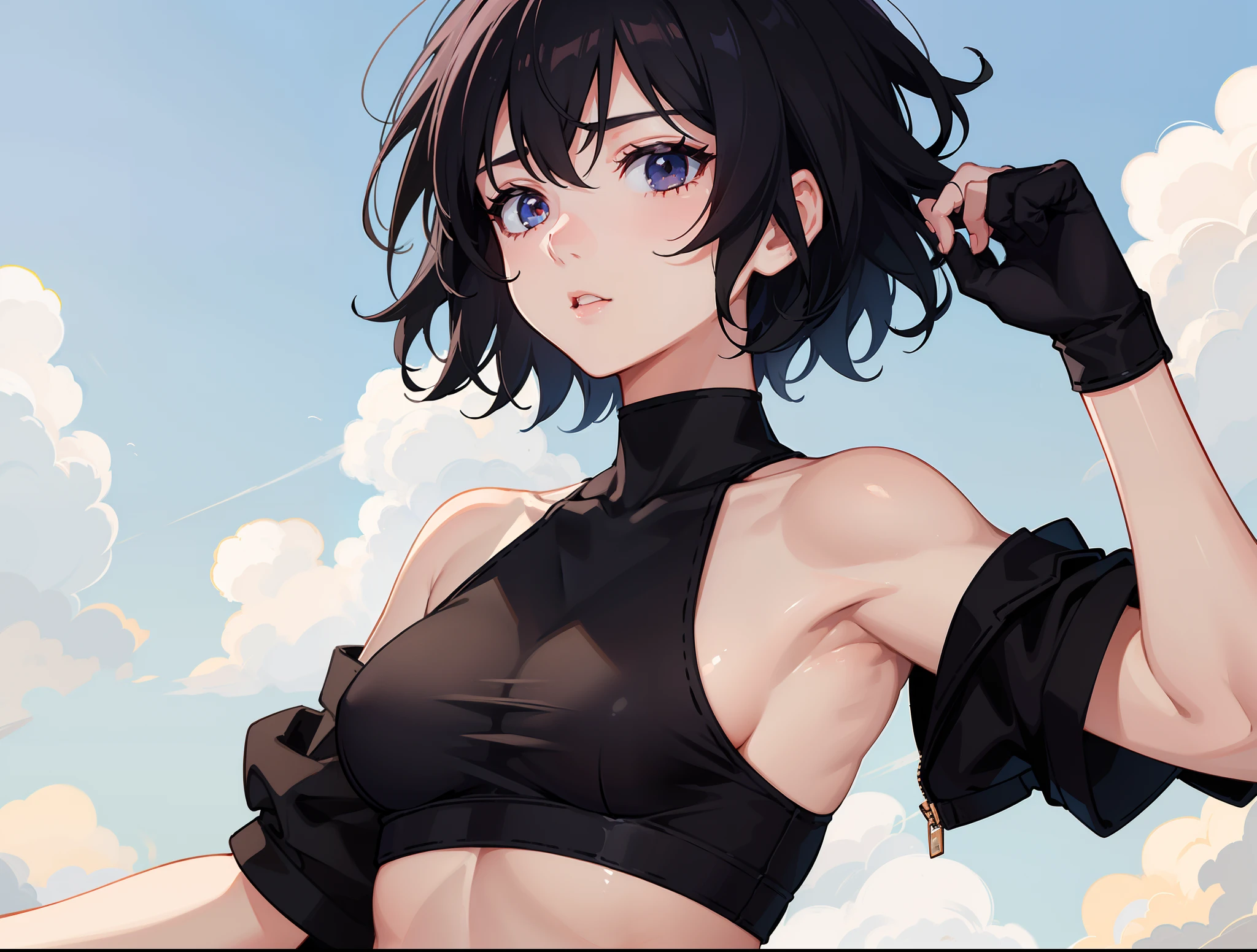 1girl, short hair, black hair, armpit, croptop, nice, clear skin, good anatomy, high quality