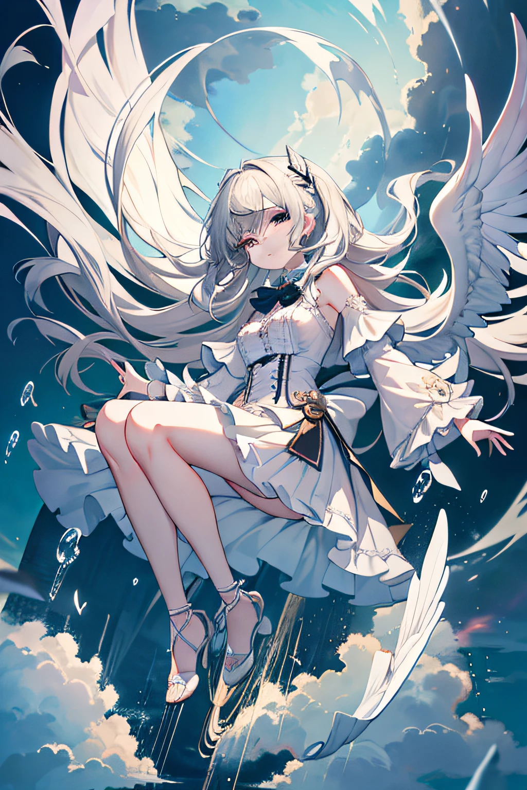 ((masterpiece)),(((best quality))),((ultra-detailed)),((((full body)))),(unhelpless),tear,crying,((((( falling from the sky))))),(( Weathering With You)),(((full body))),(illustration), (1 girl),((falling)),tear,((face towards the sky)),(hair flows upwards),((illustration)),((disheveled hair)),anime screeshot,((frills)),(1 girl),big top sleeves, floating,beautiful detailed isky,beautiful detailed eyes,overexposure,,expressionless,side blunt bangs,hairs between eyes, ribbons,bowties,buttons,bare shoulders, detailed clothes,blank stare