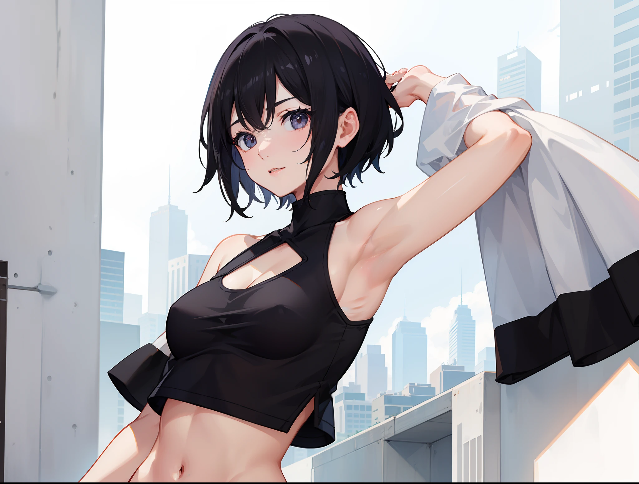 1girl, short hair, black hair, armpit, croptop, nice, clear skin, good anatomy, high quality
